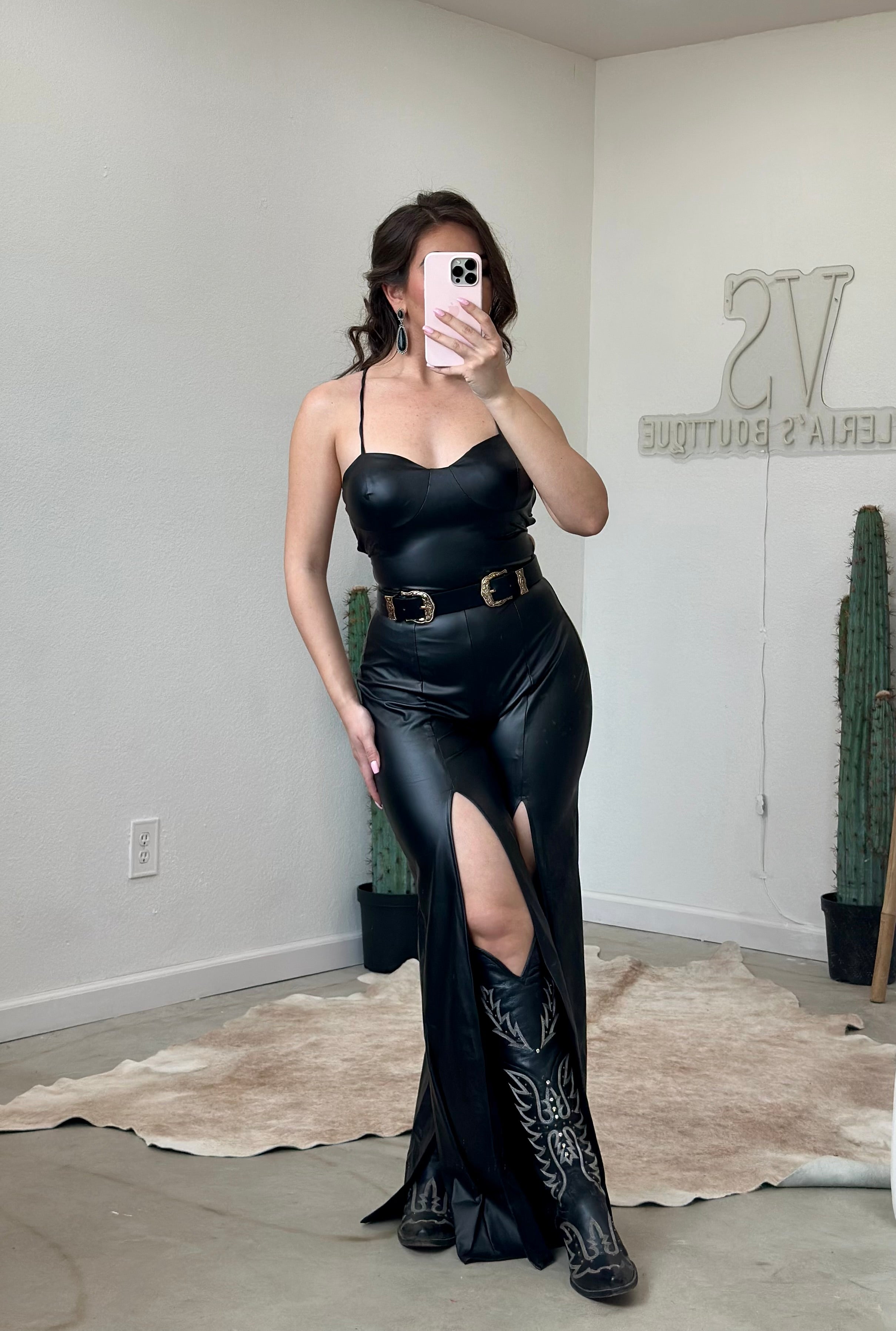 Rebecca Leather Leg Slit Jumpsuit