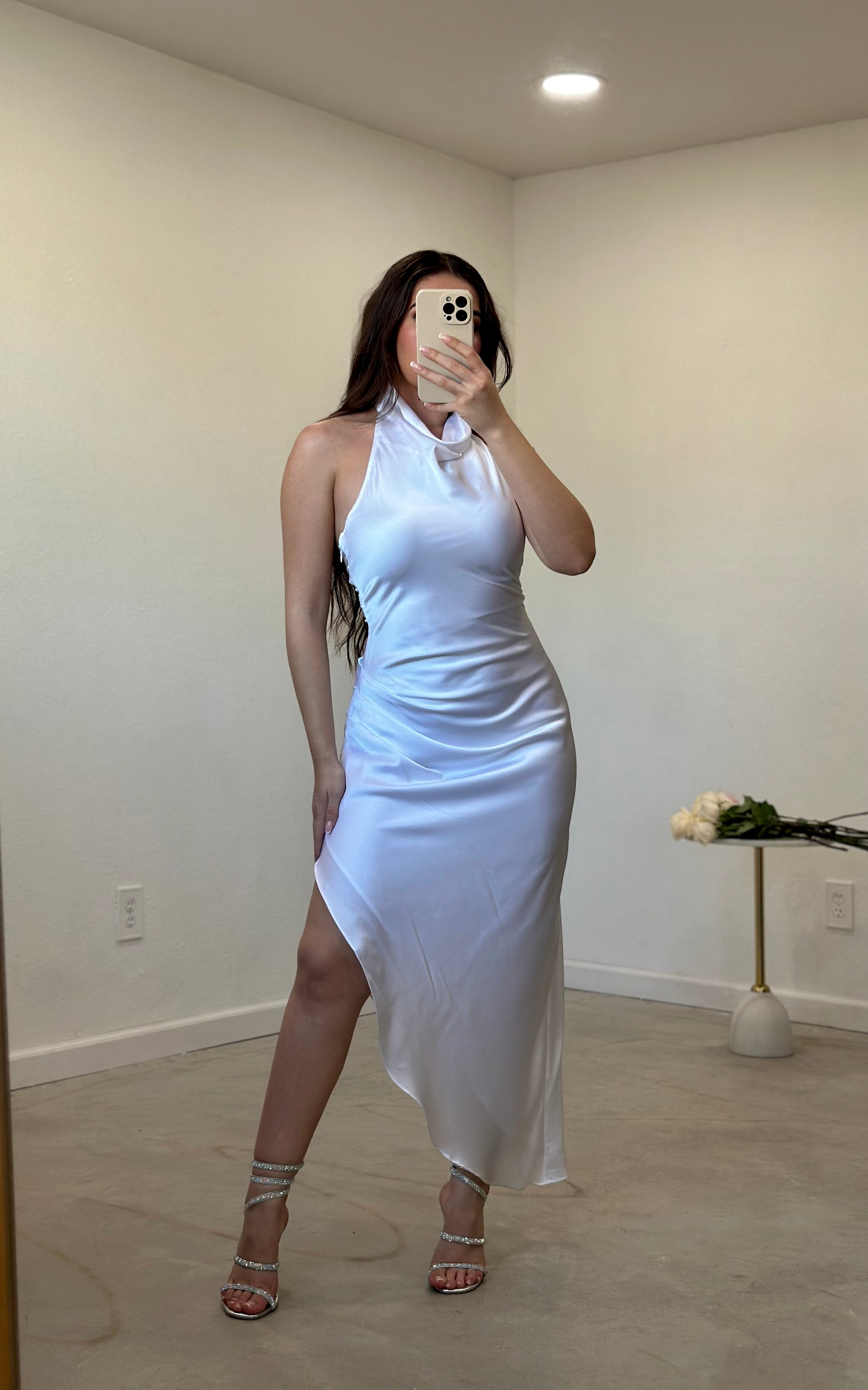 Anastasia Asymmetric Dress (White) - Double Lined