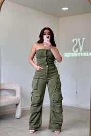 Nata Denim Cargo Jumpsuit (Olive)