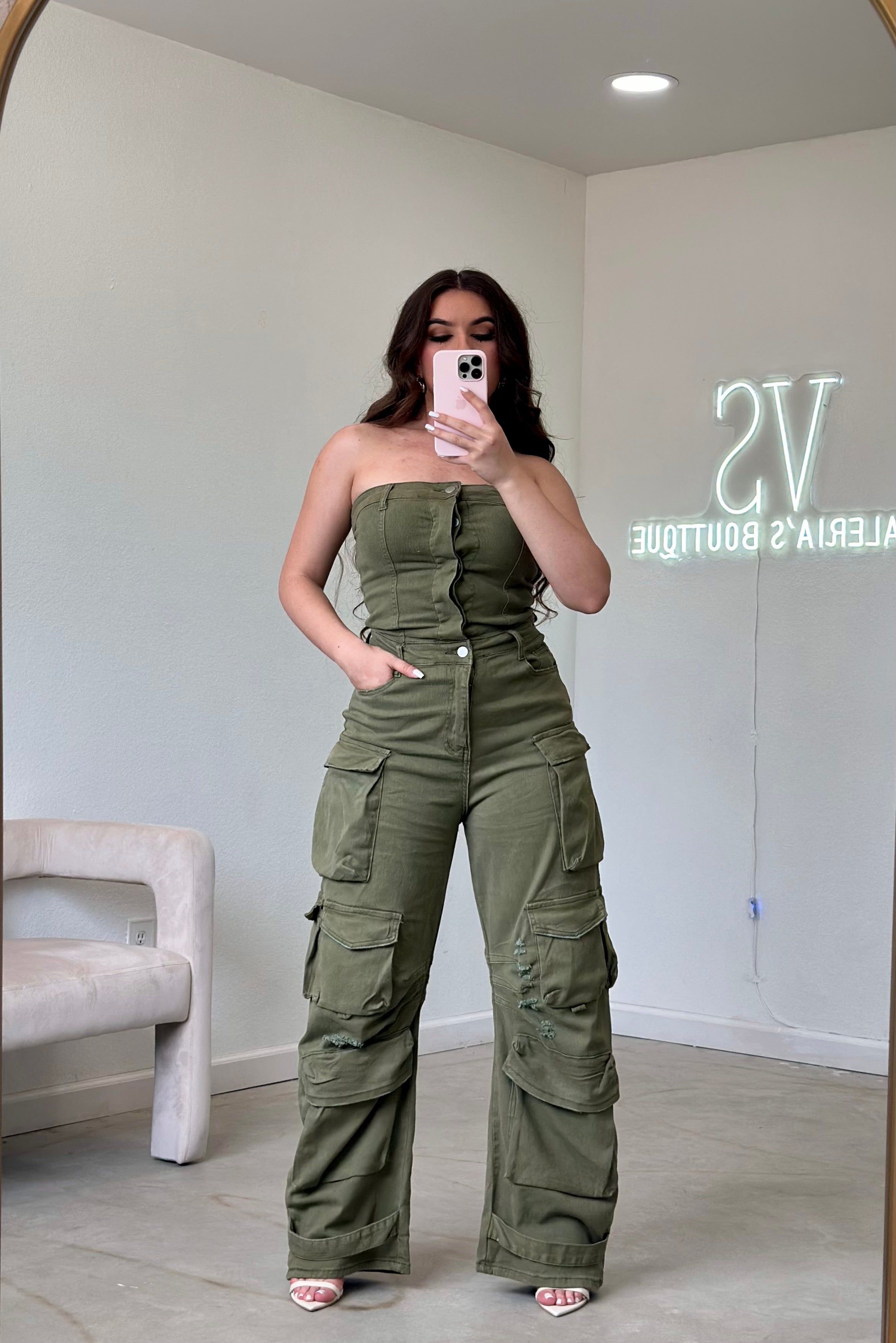 Nata Denim Cargo Jumpsuit (Olive)