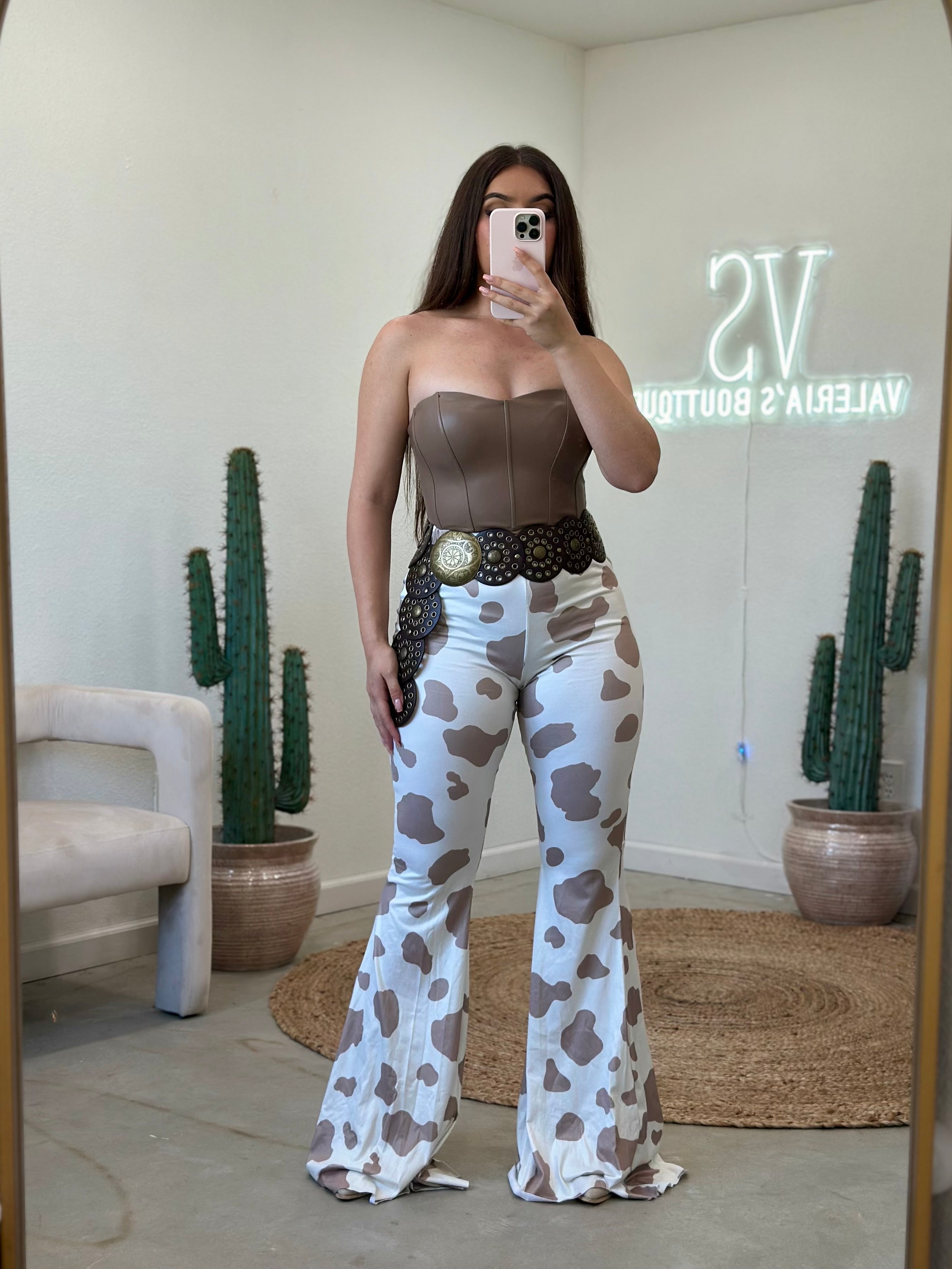 Bessie Cow Print Flare Pants (Taupe)