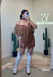 Bailar De Caballito Fringe Off The Shoulder Mini Dress (Brown)