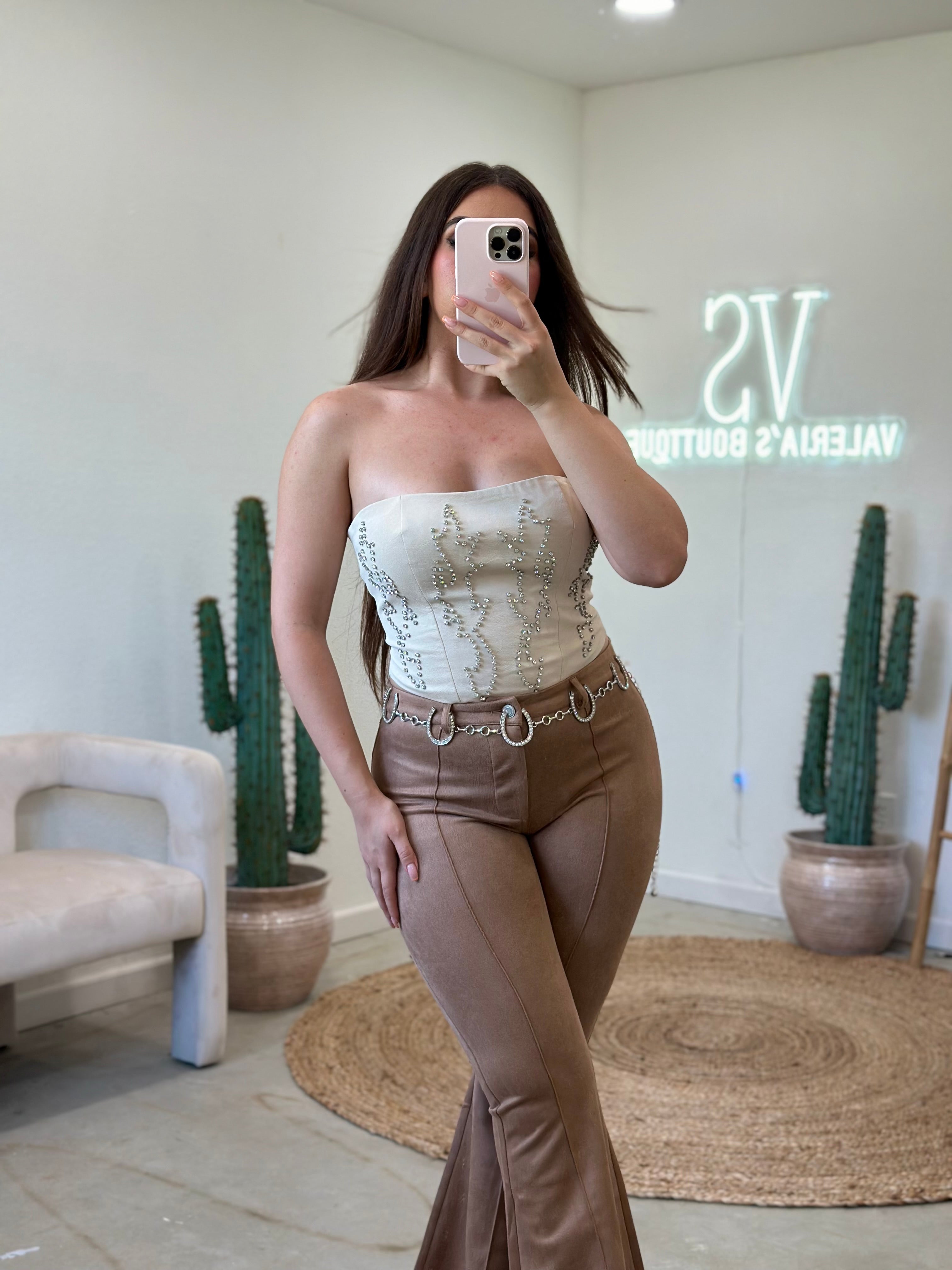 Buckee Rhinestone Leather Corset Top (Oatmeal)