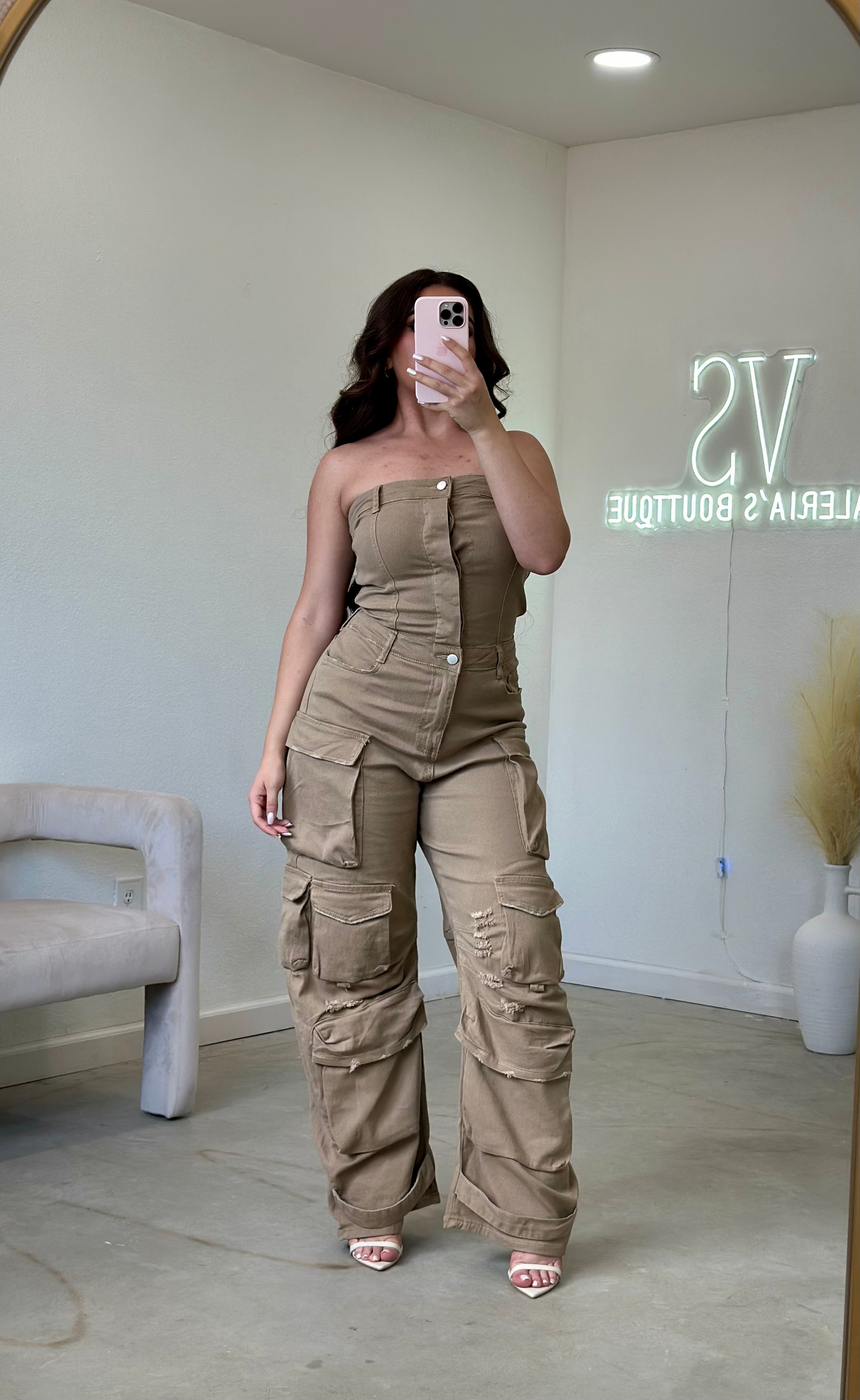 Nata Denim Cargo Jumpsuit (Khaki)