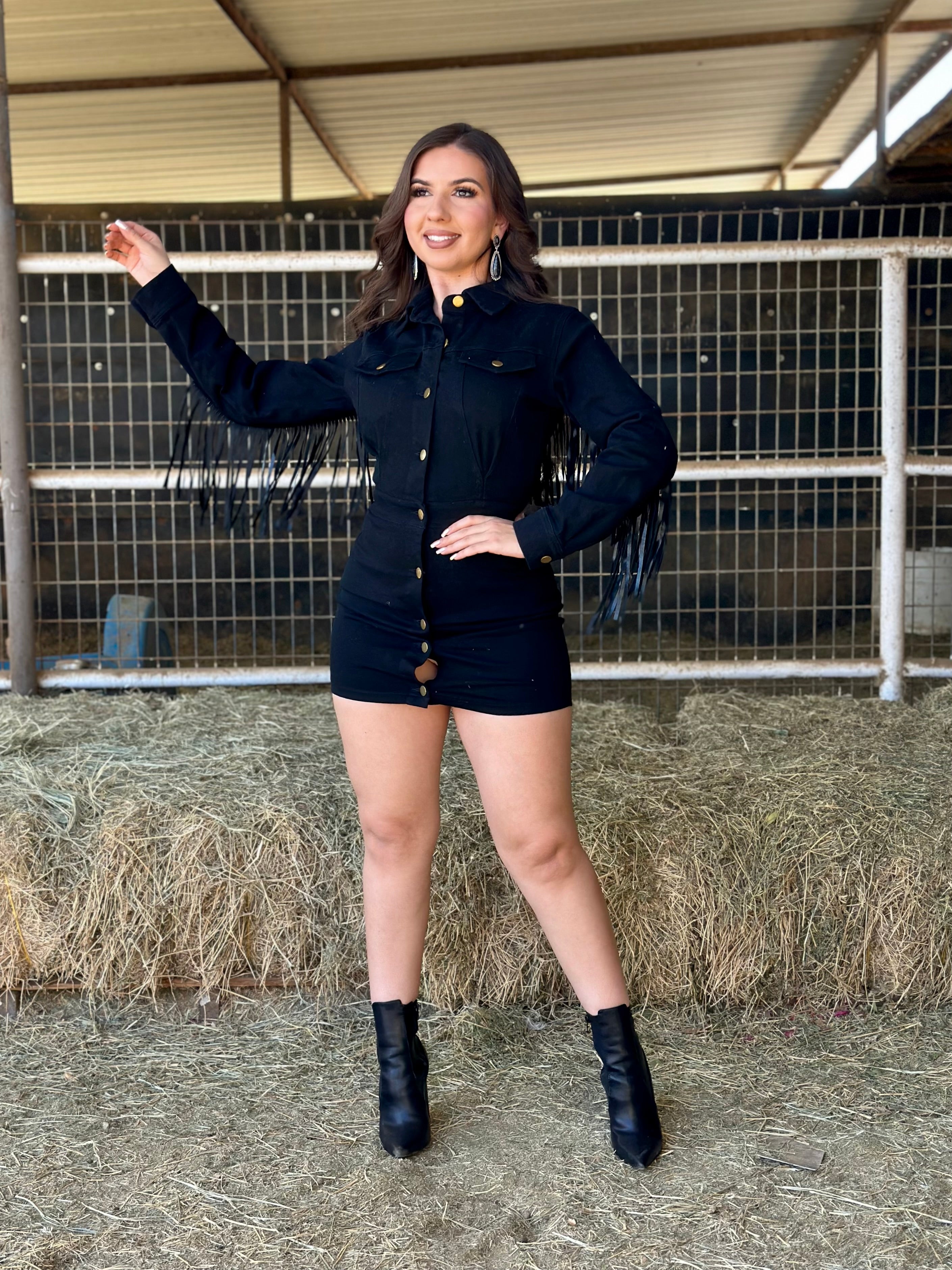 Judy Fringe Denim Mini Dress (Black)