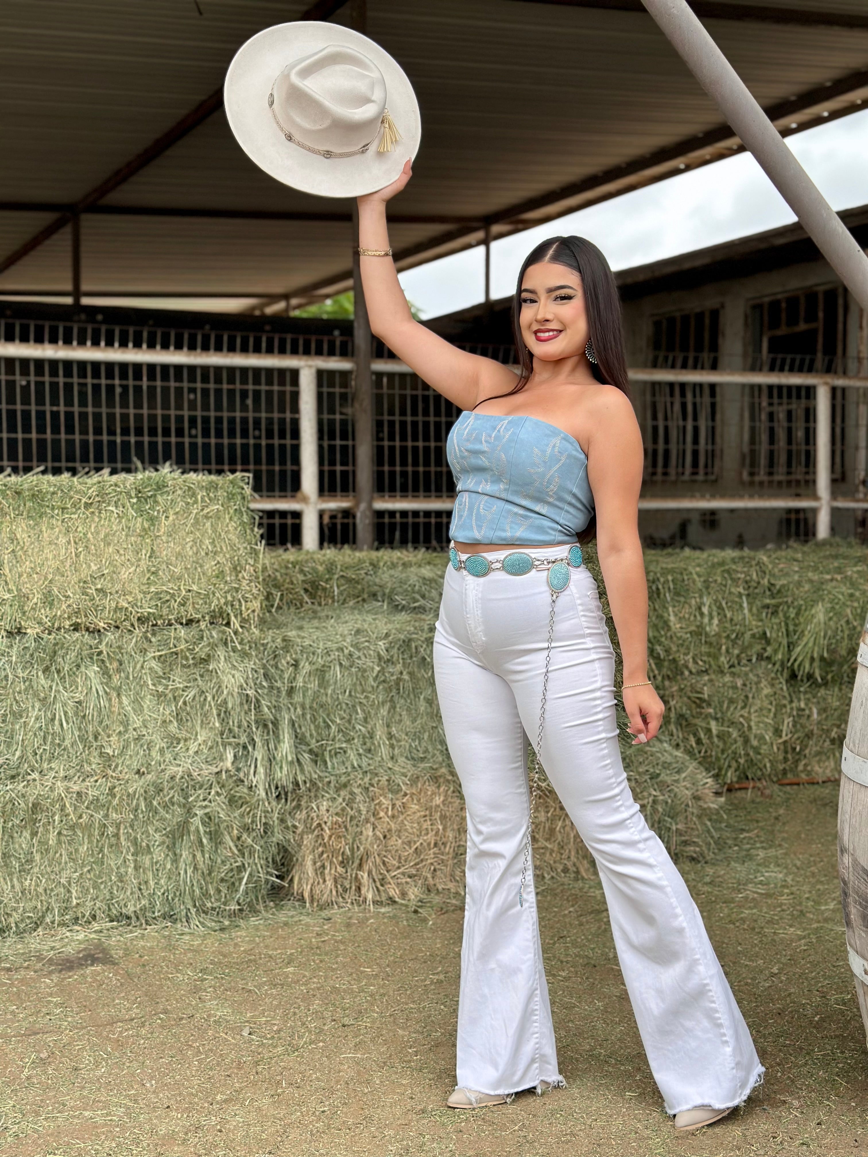 Buckee Embroidered Leather Corset Top (Light Blue)