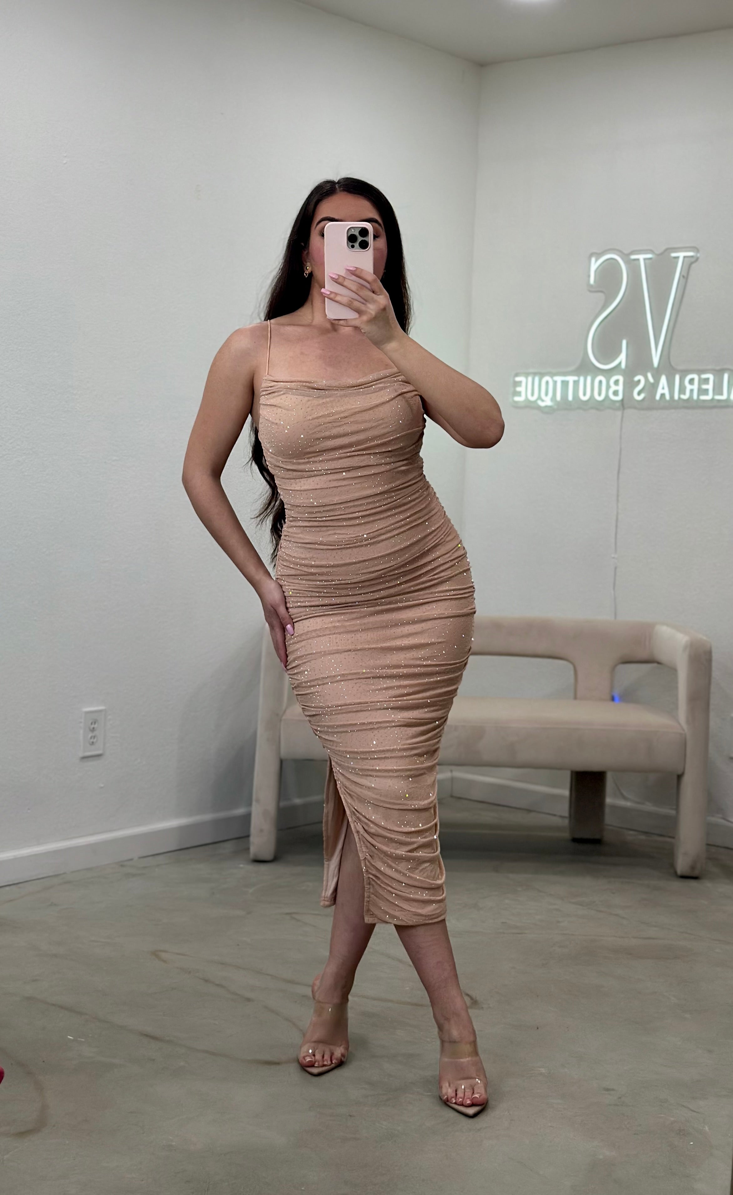 Aurora Embellished Midi Dress (Nude)