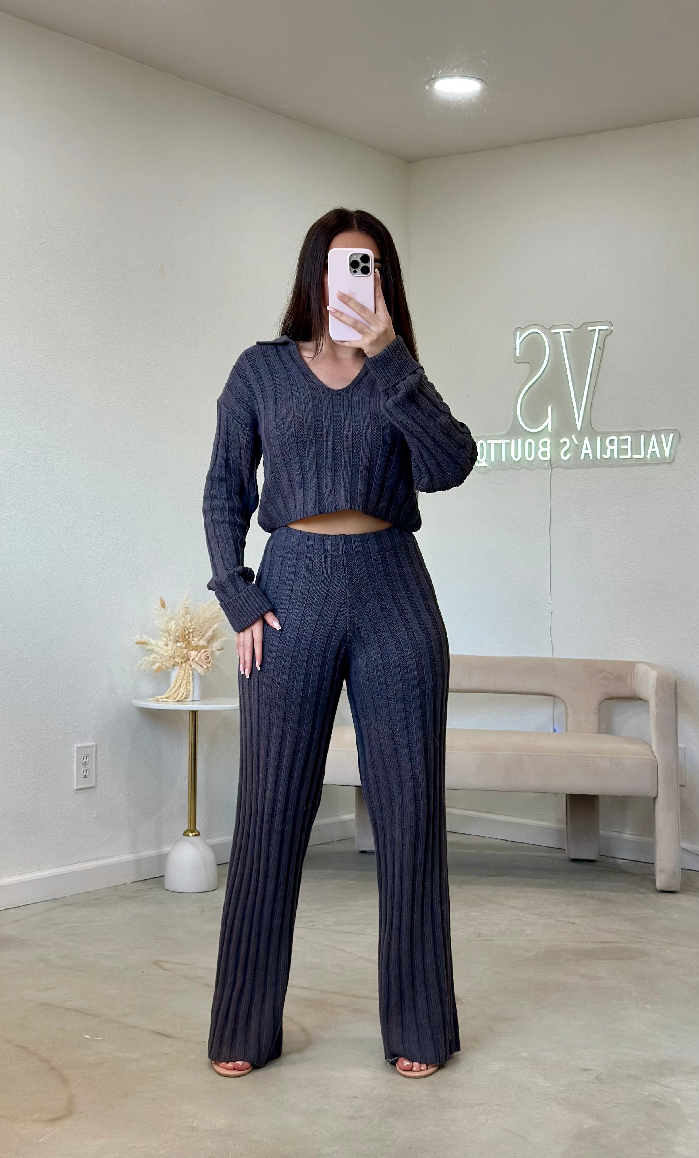 Aiza Knit Pant Set (Charcoal)