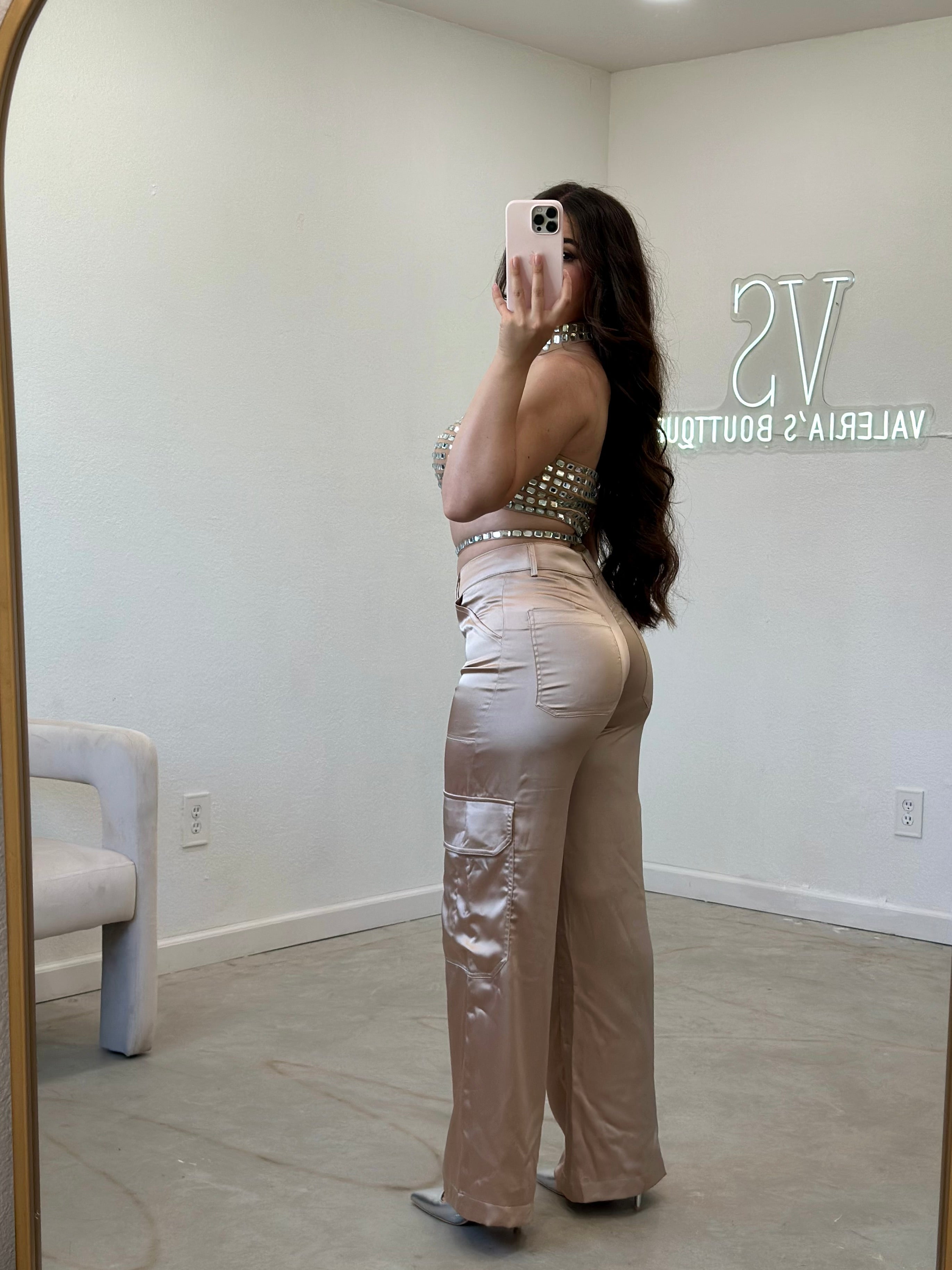 Nude Satin Cargo Pants