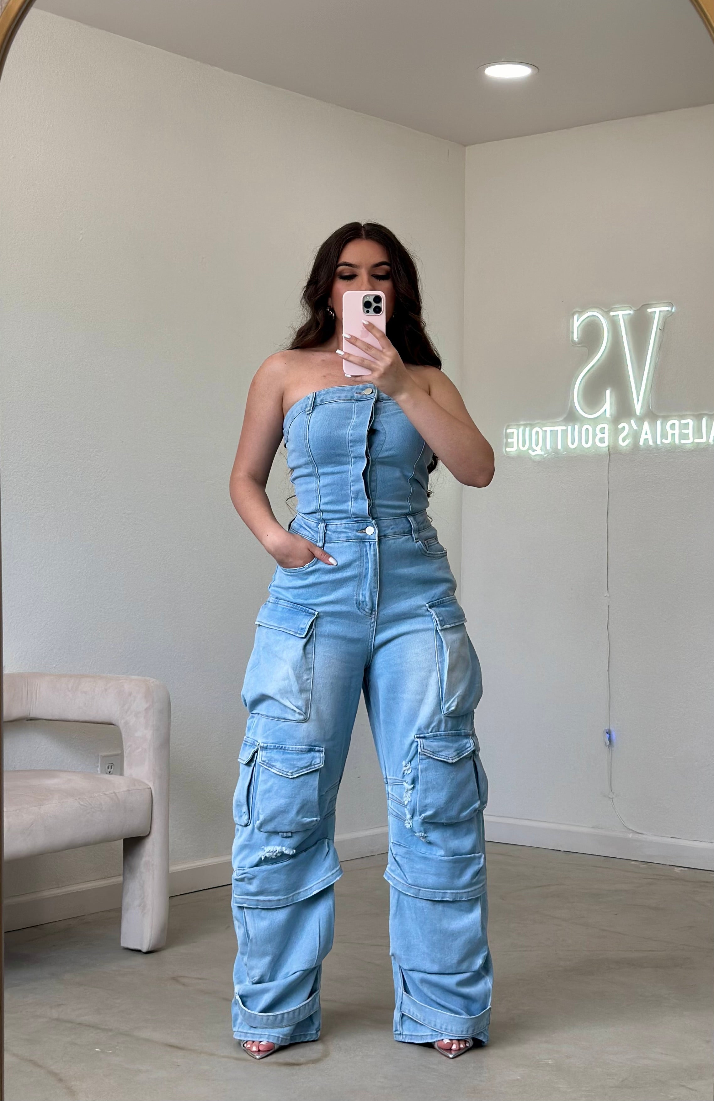 Regida Denim Cargo Jumpsuit (Light Denim)