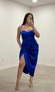 Claudette Satin Draped Dress (Royal Blue)