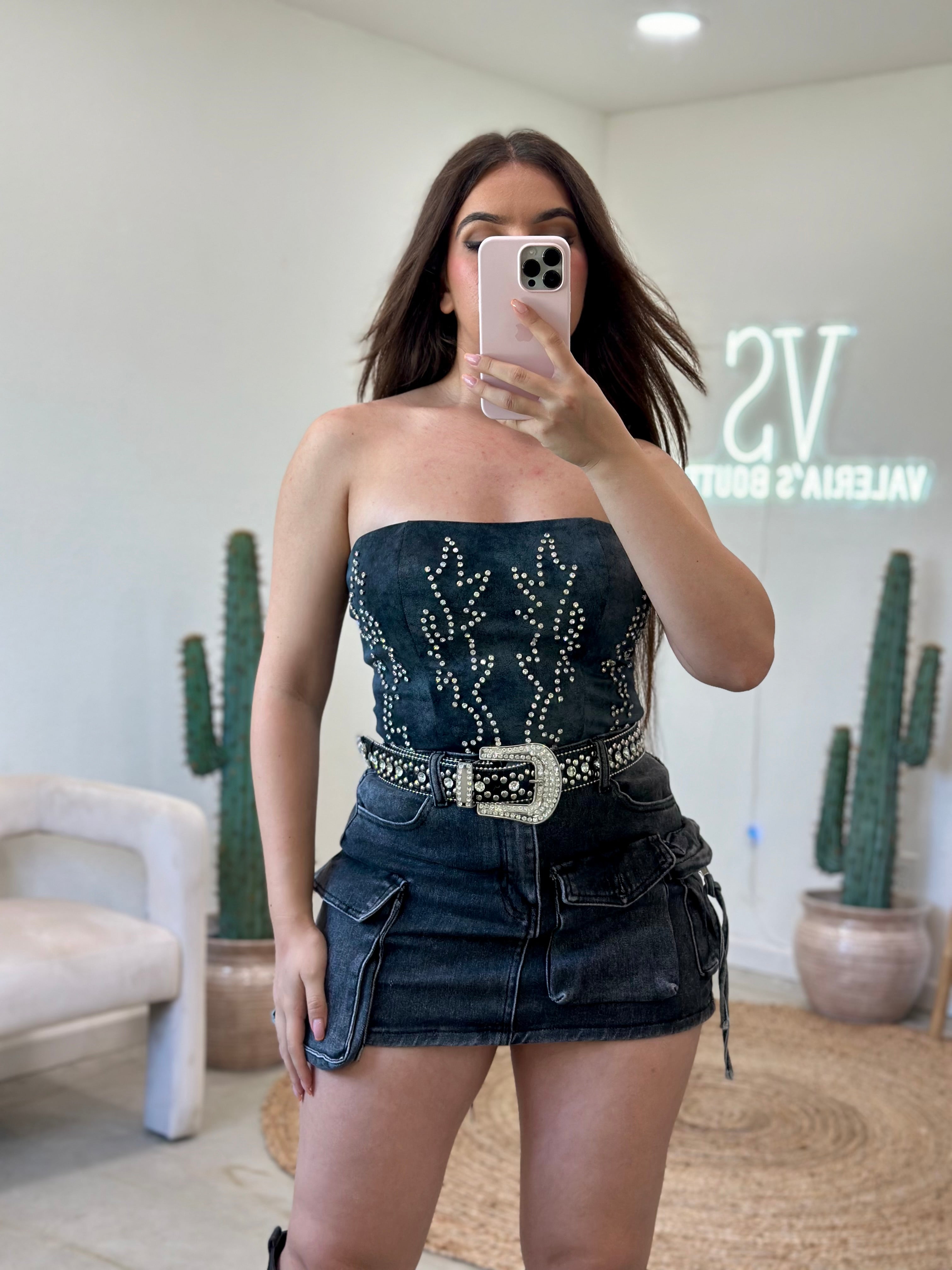 Buckee Rhinestone Leather Corset Top (Charcoal Black)