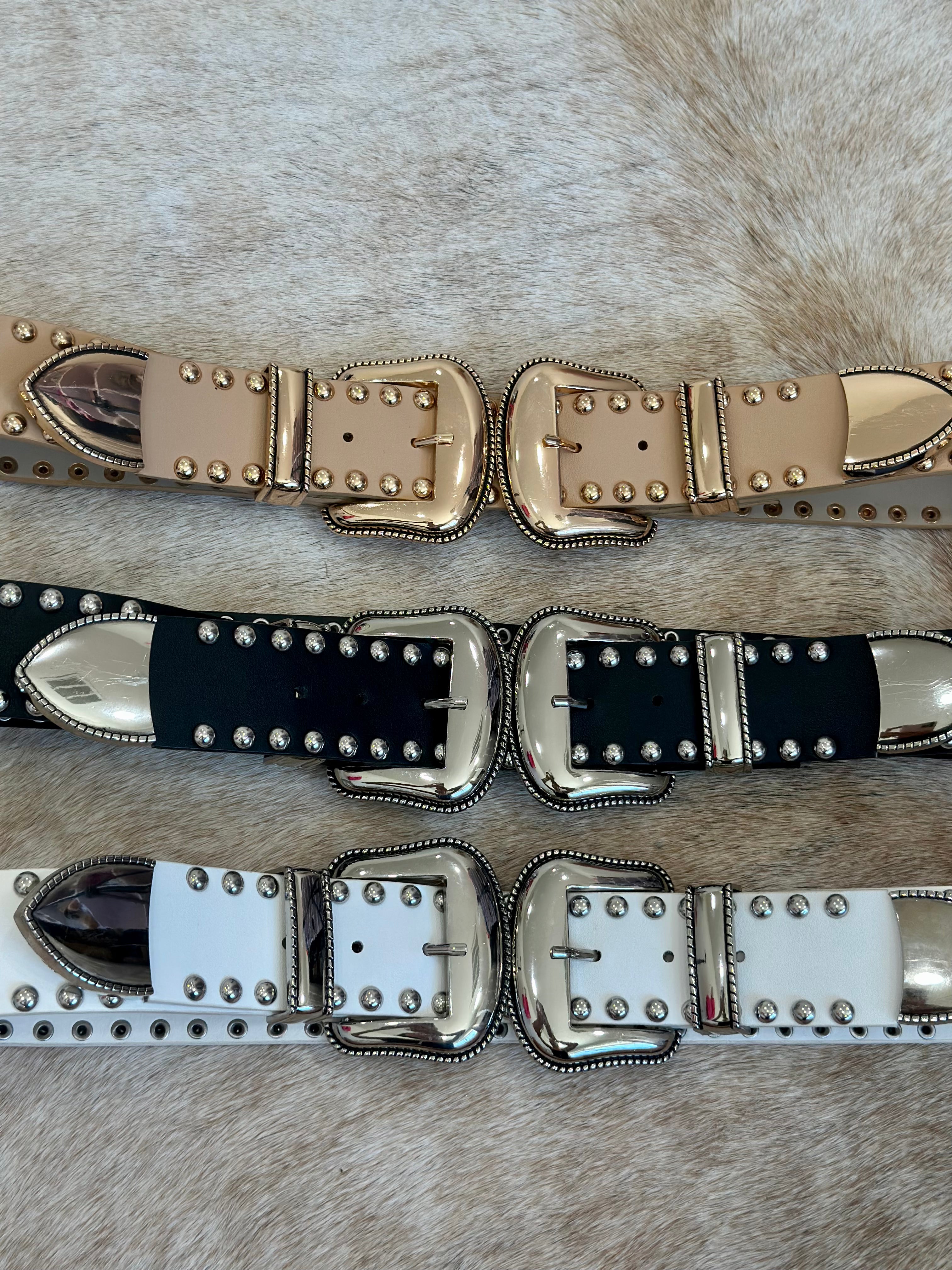 Double Buckle Studded Western Belt