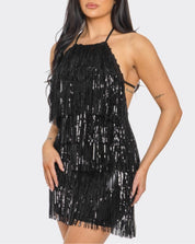 Bailar De Caballito Sequin Fringe Halter Dress (Black)