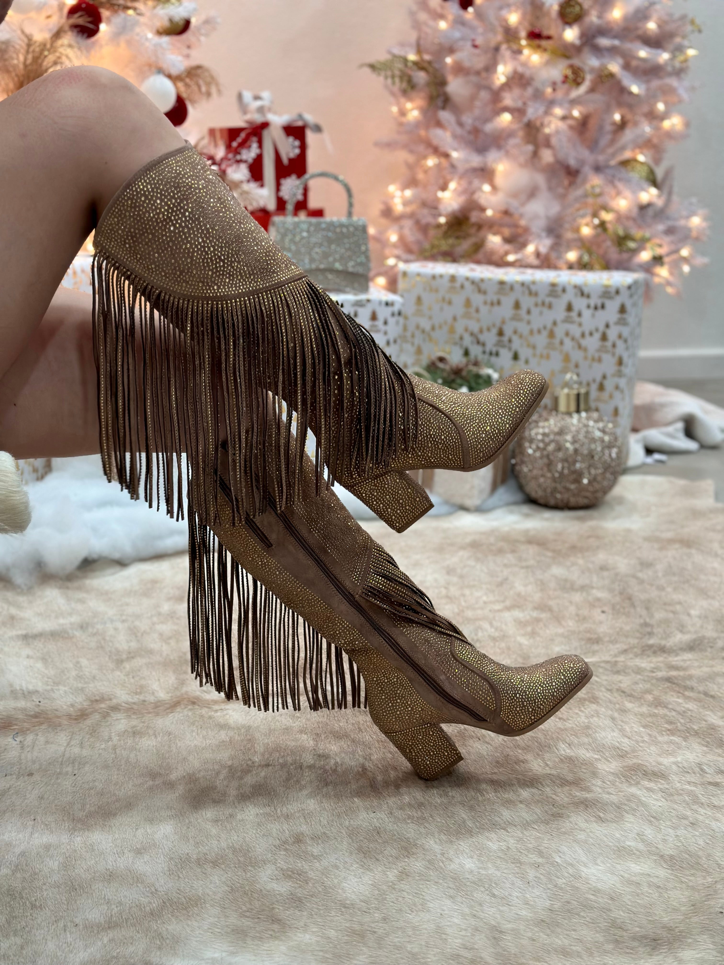 Ella Baila Sola Embellished Fringe Boots (Taupe)