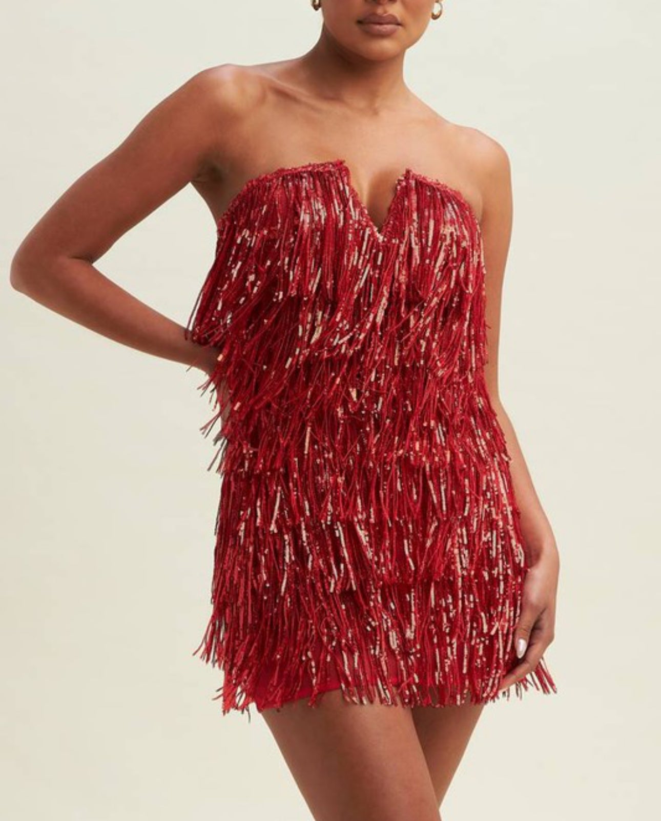 Taylor Sequin Fringe Strapless Mini Dress (Red)