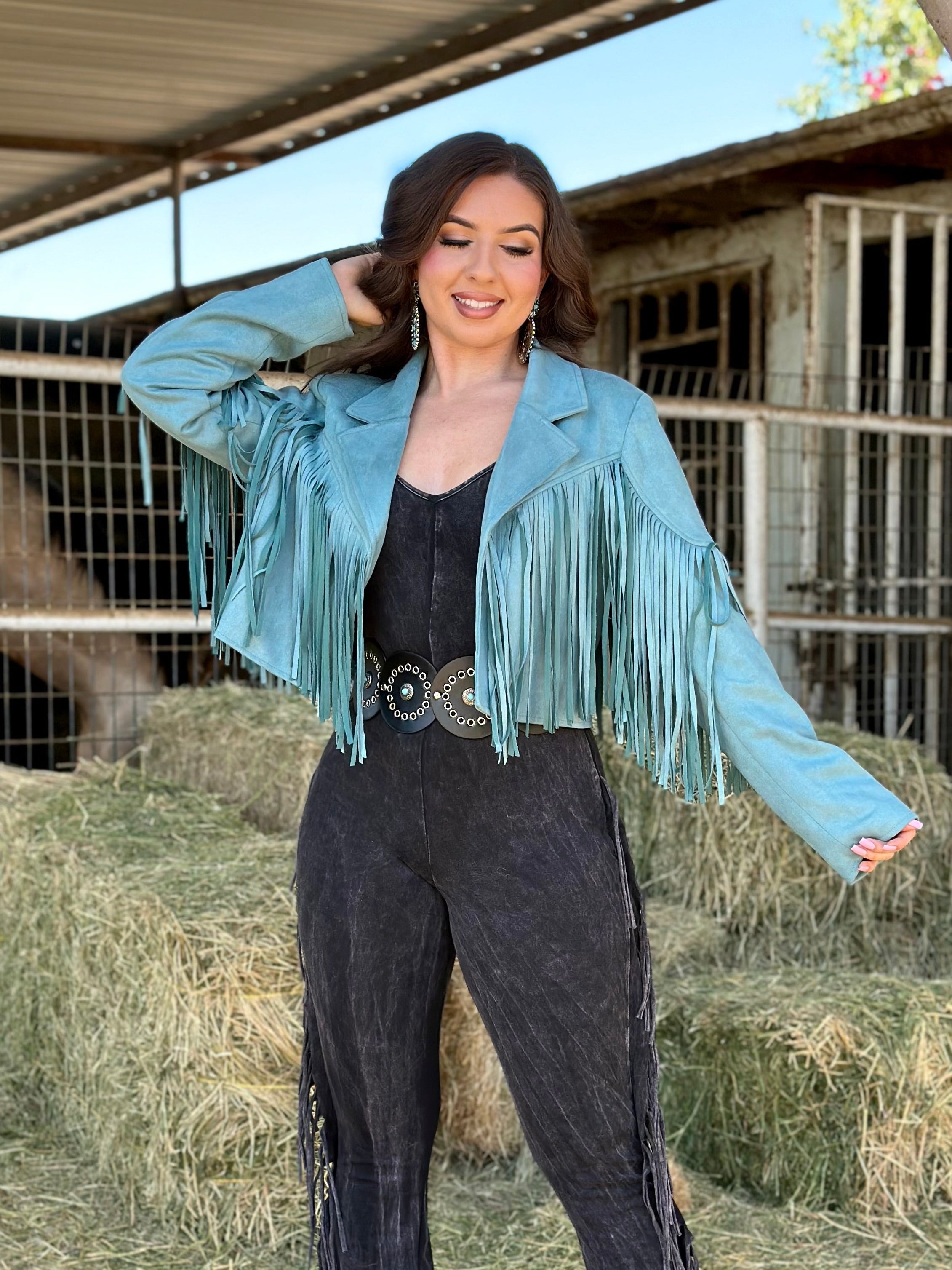 La Quebradora Fringe Suede Jacket (Turquoise)