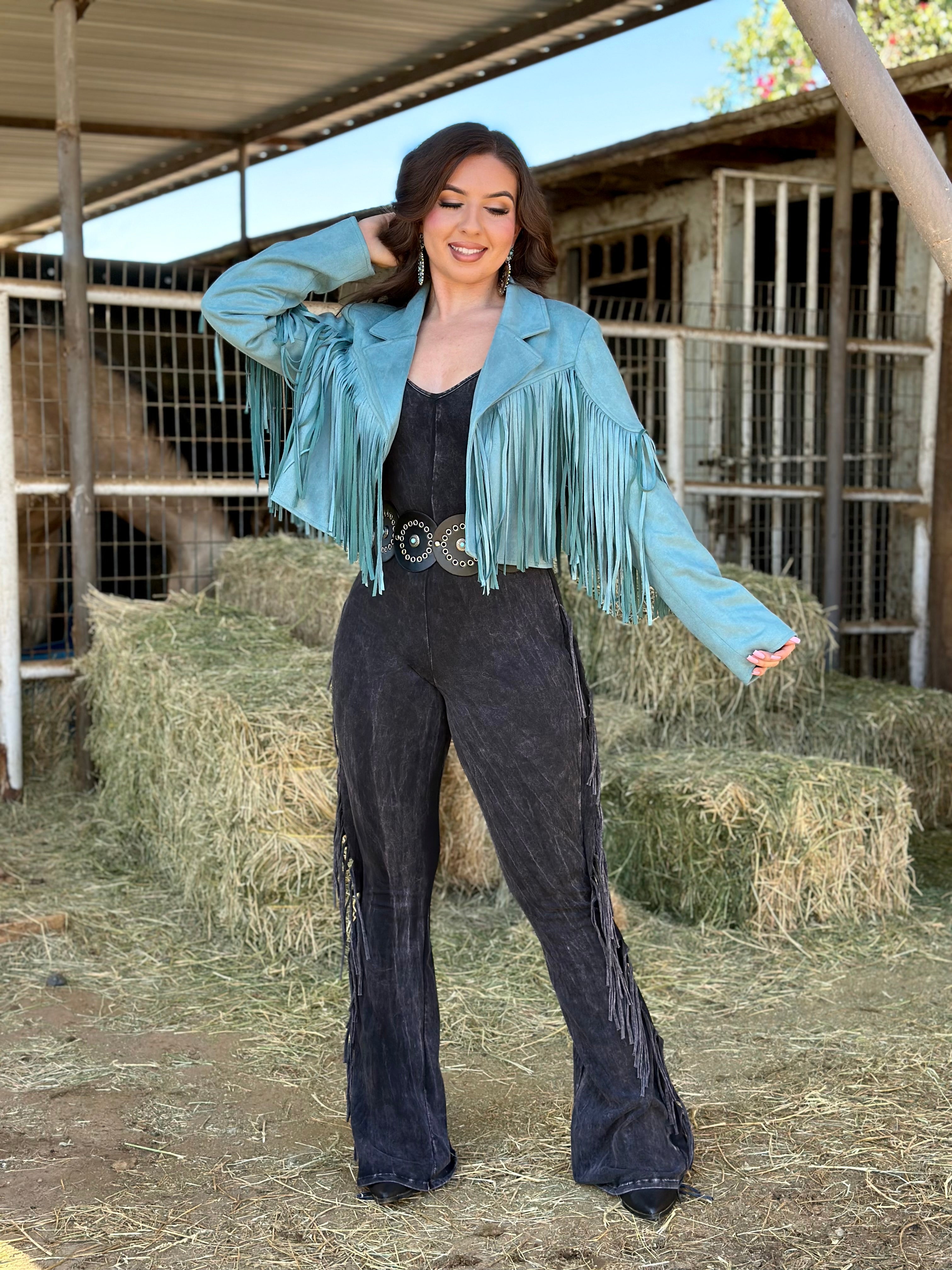 La Quebradora Fringe Suede Jacket (Turquoise)