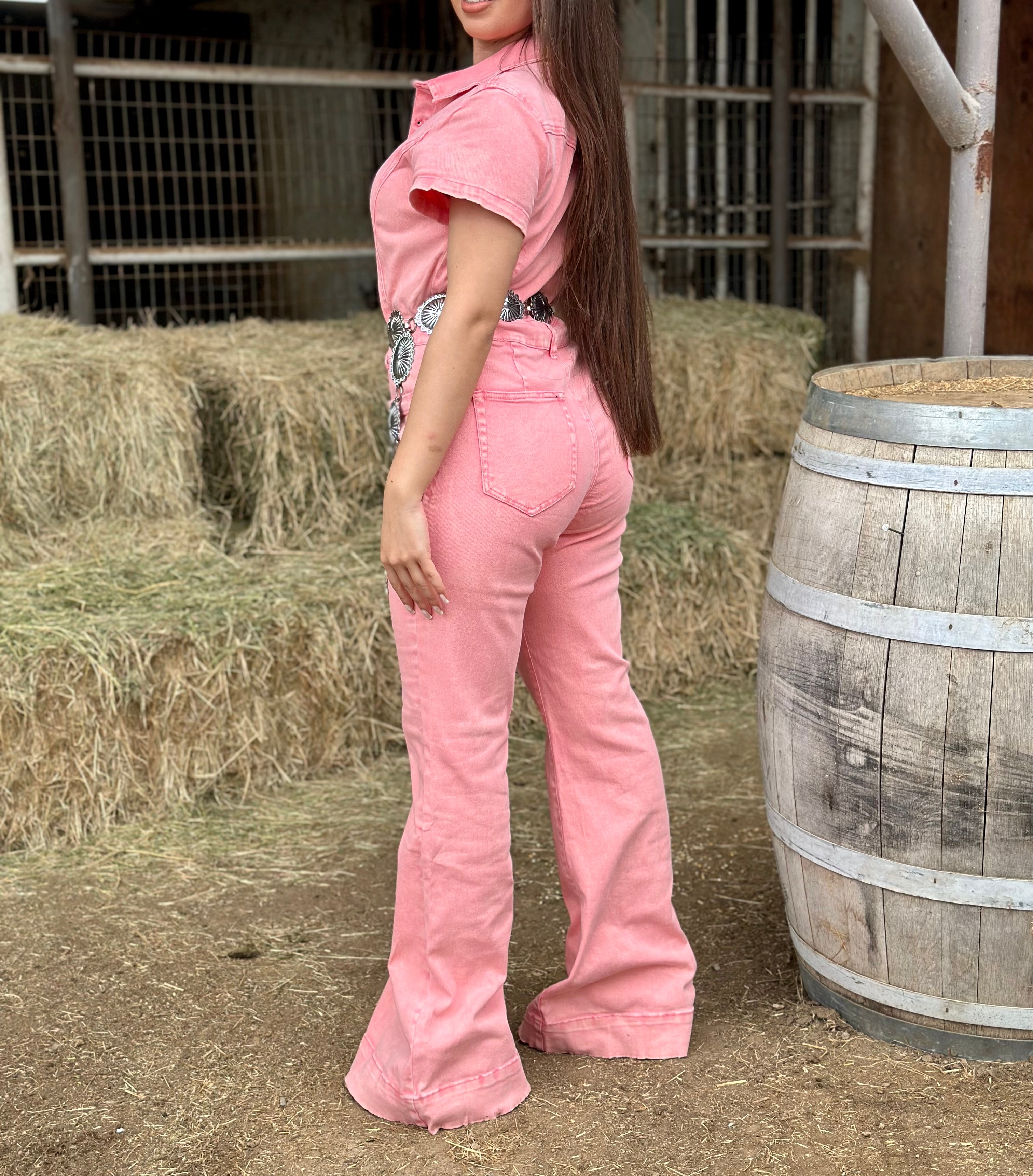 Rodeo Gal Denim Jumpsuit (Salmon Pink)