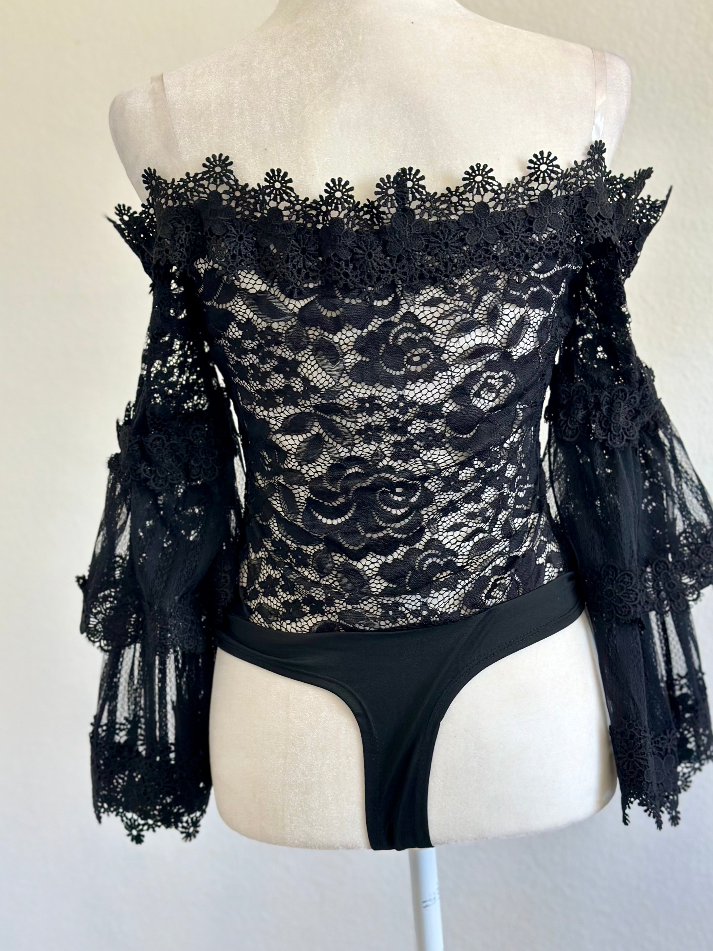 Marissa Lace Bell Sleeve Top (Black)