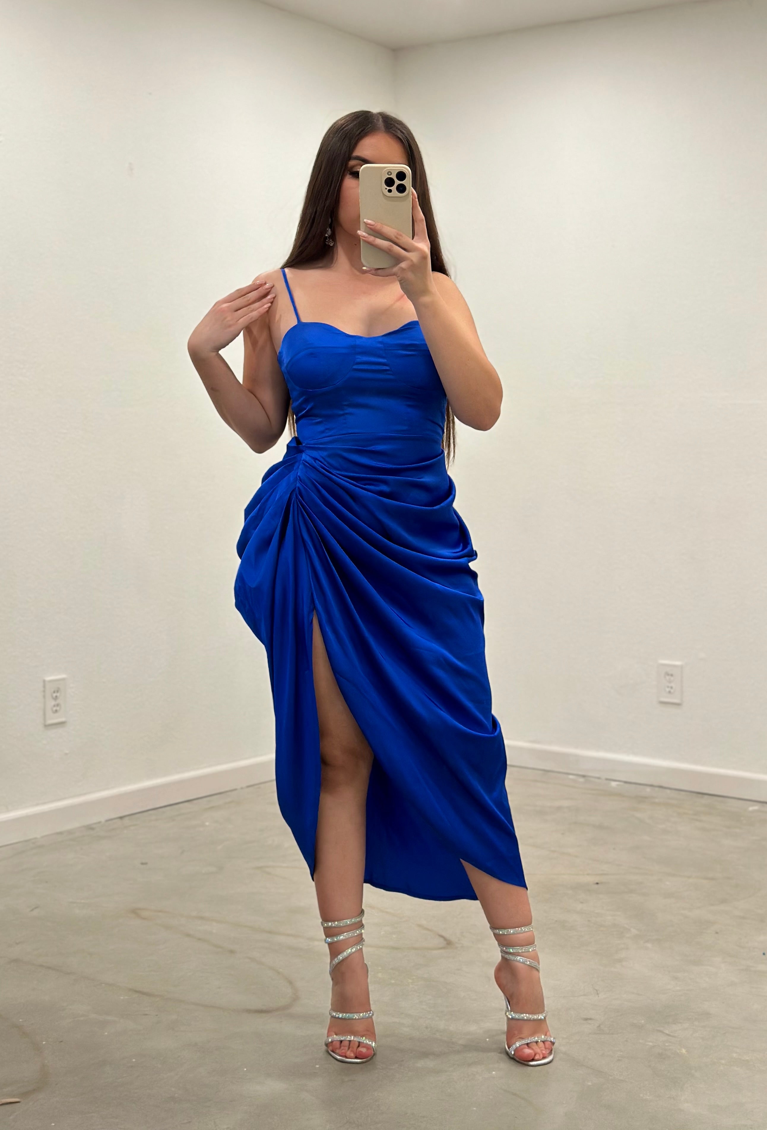 Claudette Satin Draped Dress (Royal Blue)