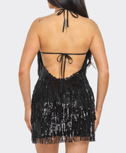 Bailar De Caballito Sequin Fringe Halter Dress (Black)