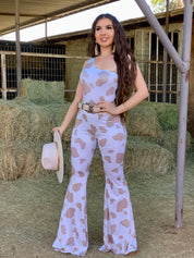 Bessie Cow Print Flare Pants (Taupe)