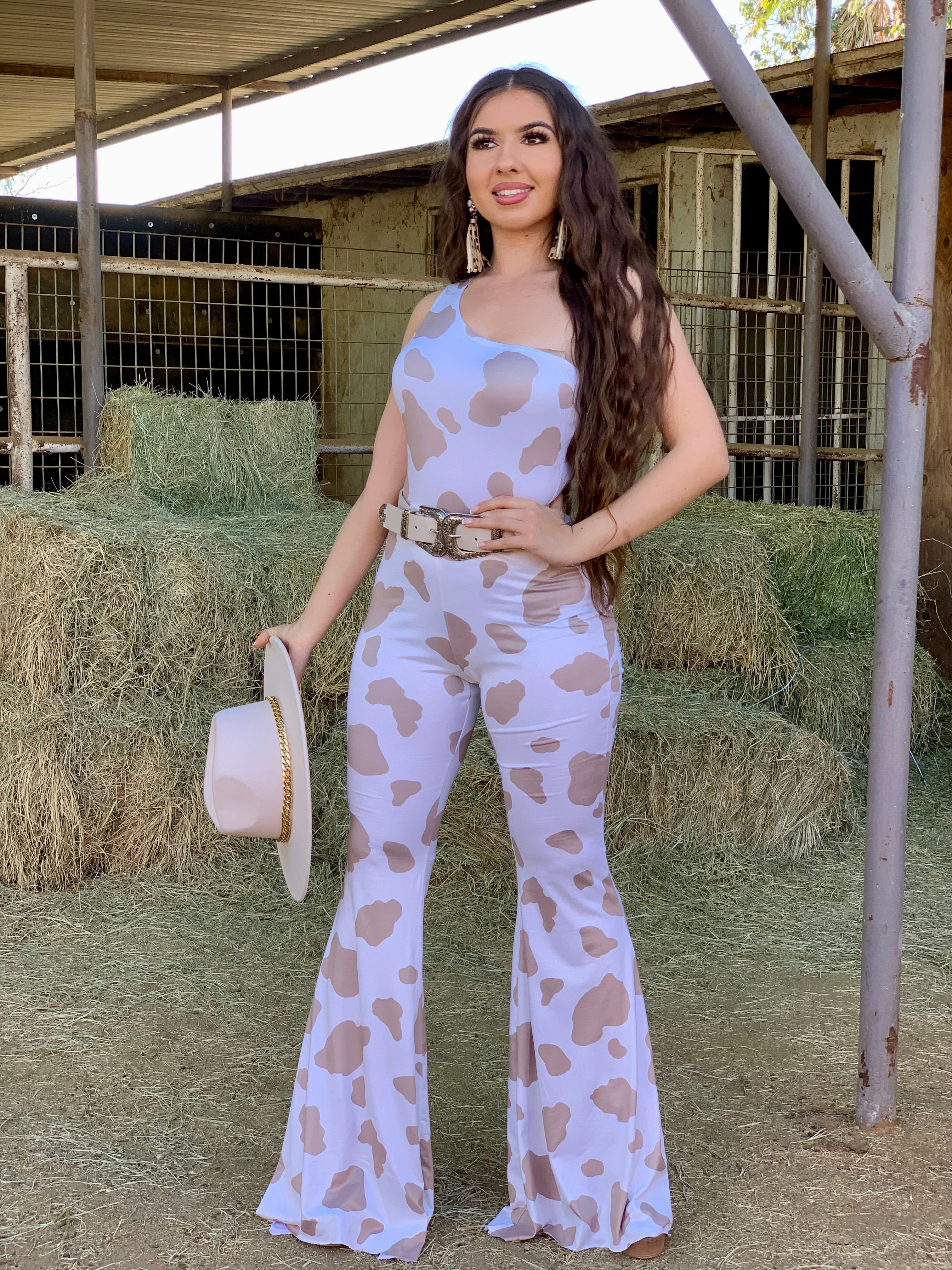 Bessie Cow Print Flare Pants (Taupe)