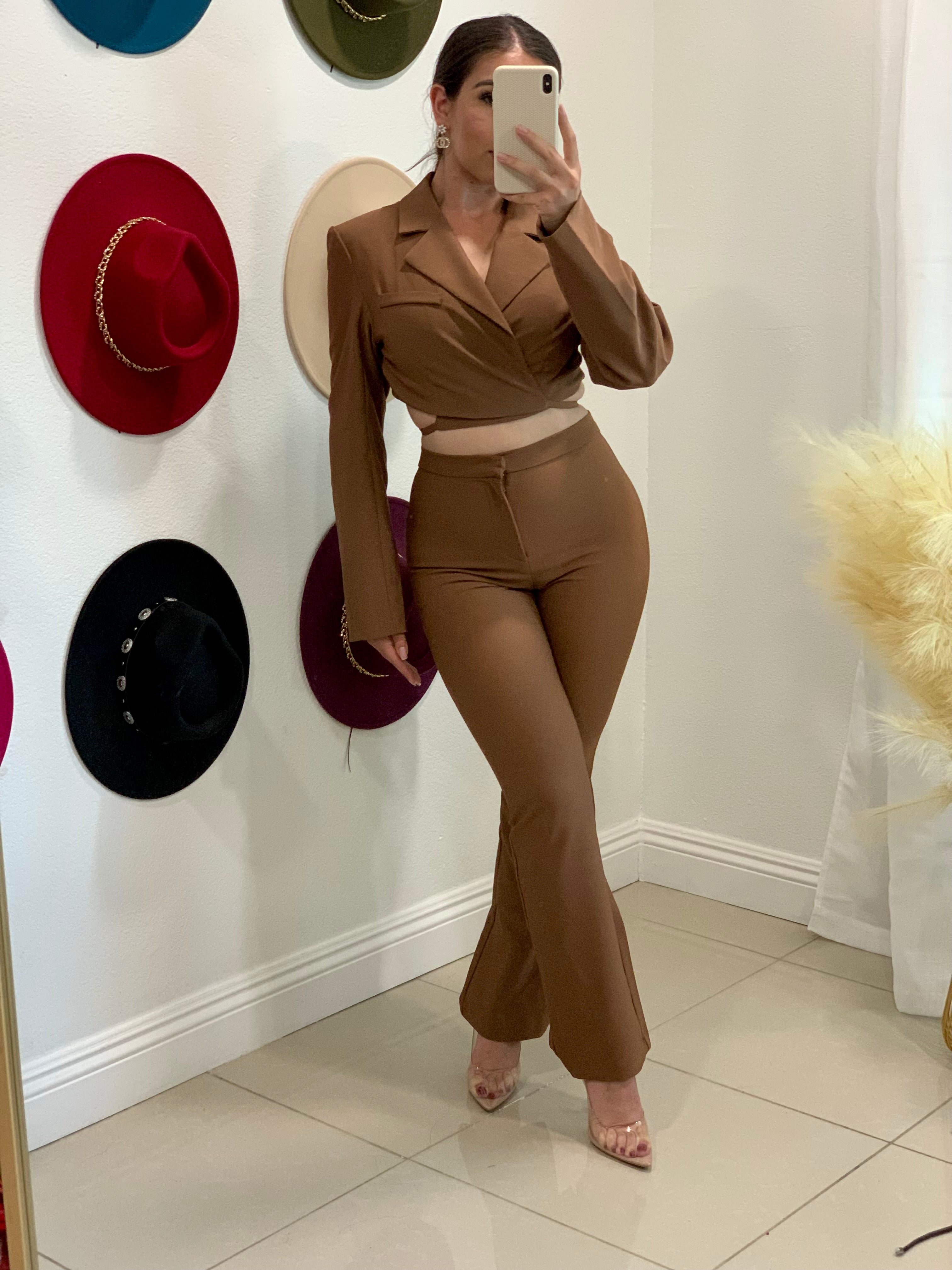 Mariana Cropped Blazer Top (Brown)