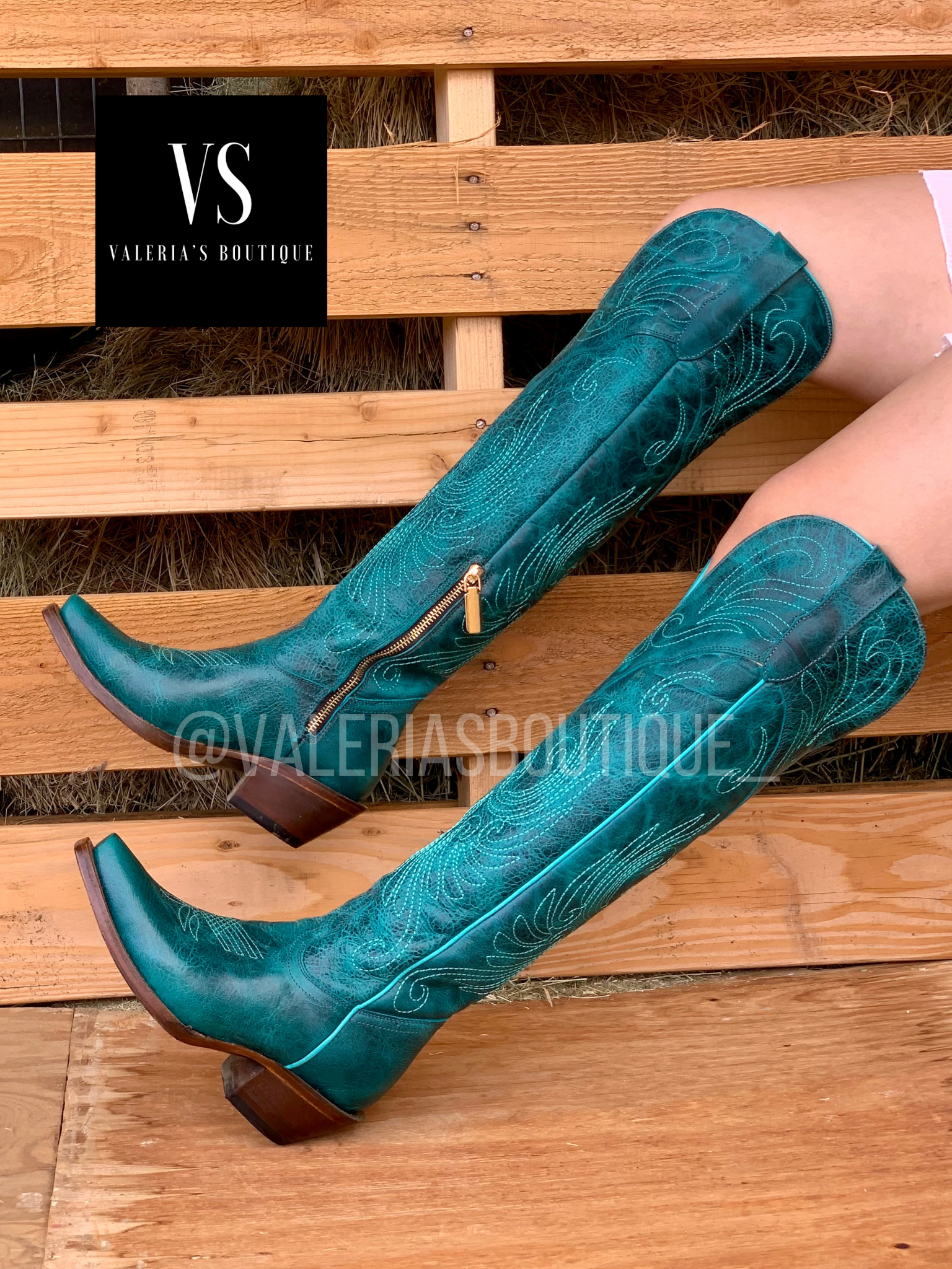 Valeria'S Boutique Turquoise Tall Western Boots