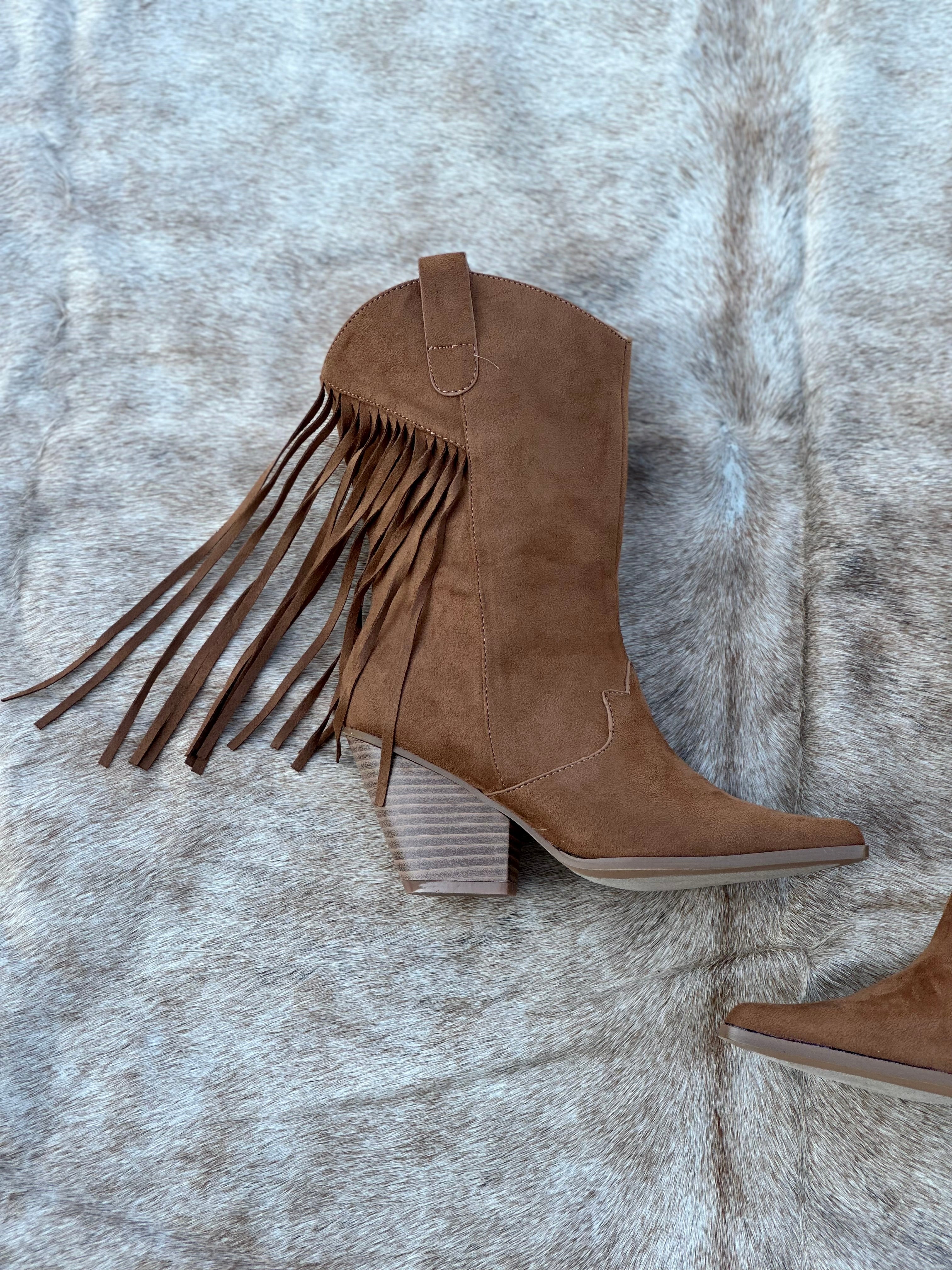Suede Fringe Booties (Camel)