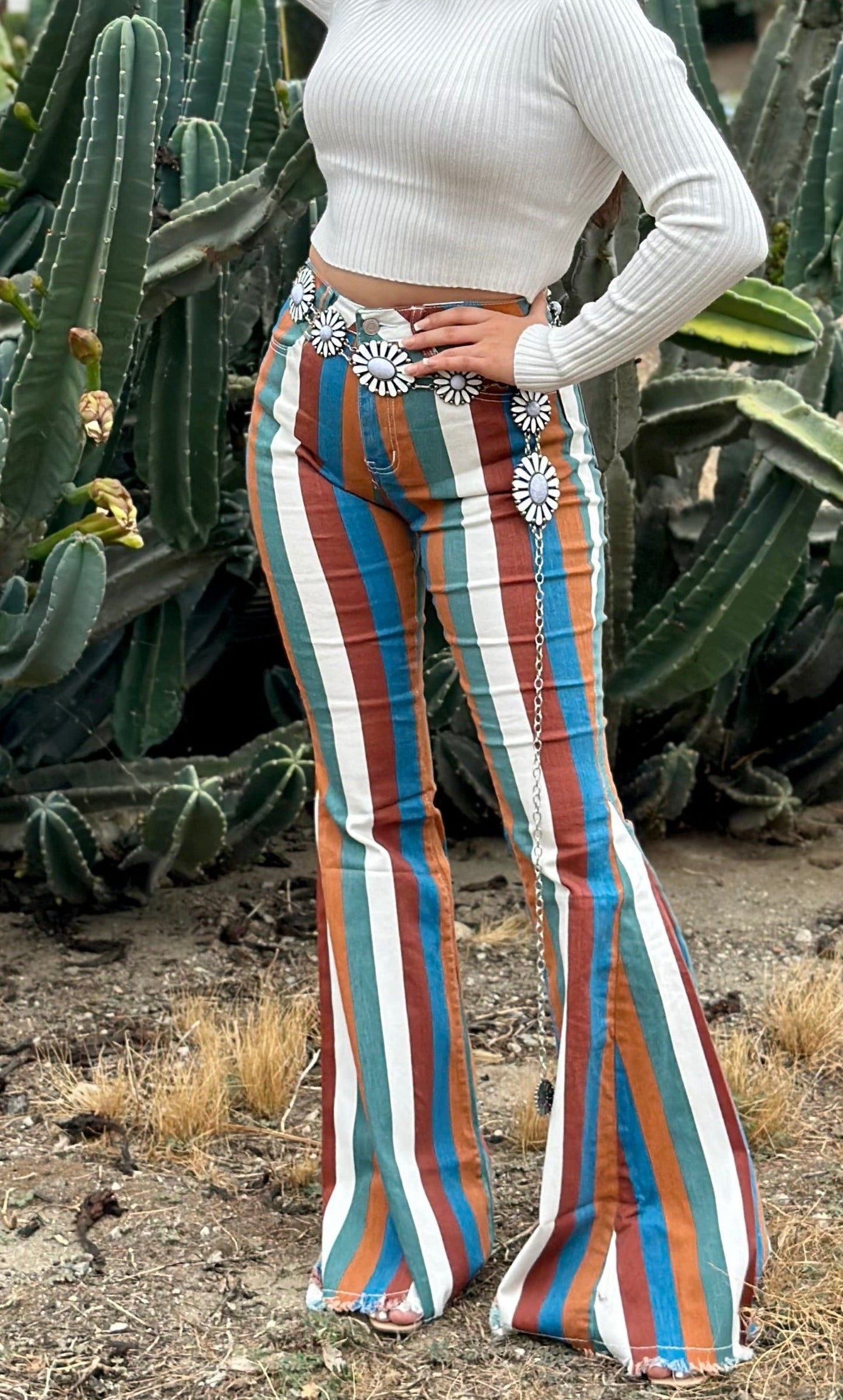 Vintage Striped Mid/High Rise Bell Bottom Jeans (Rust/Olive Multi)