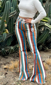 Vintage Striped Mid/High Rise Bell Bottom Jeans (Rust/Olive Multi)