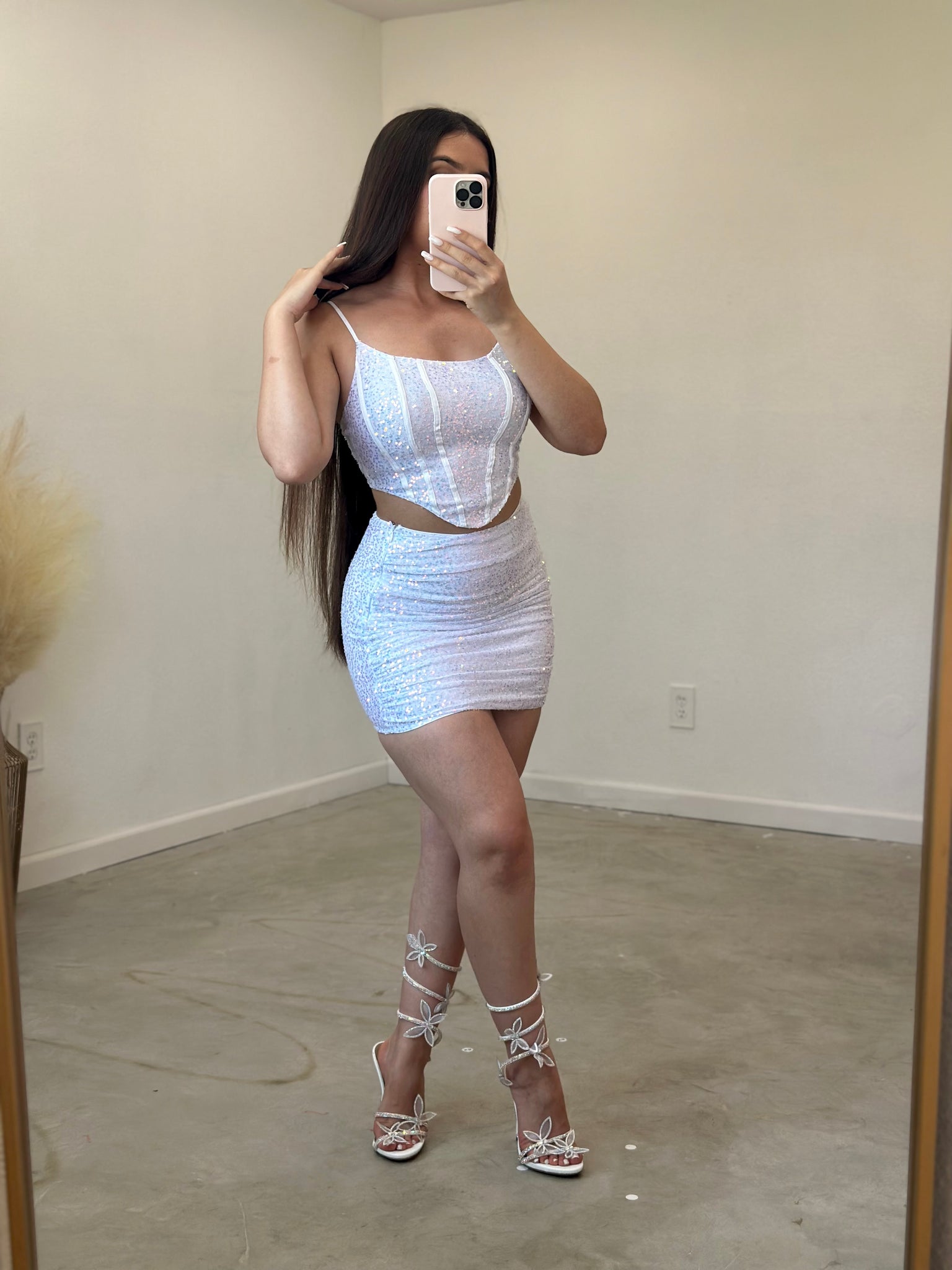 Melena Sequin Skirt Set (White)