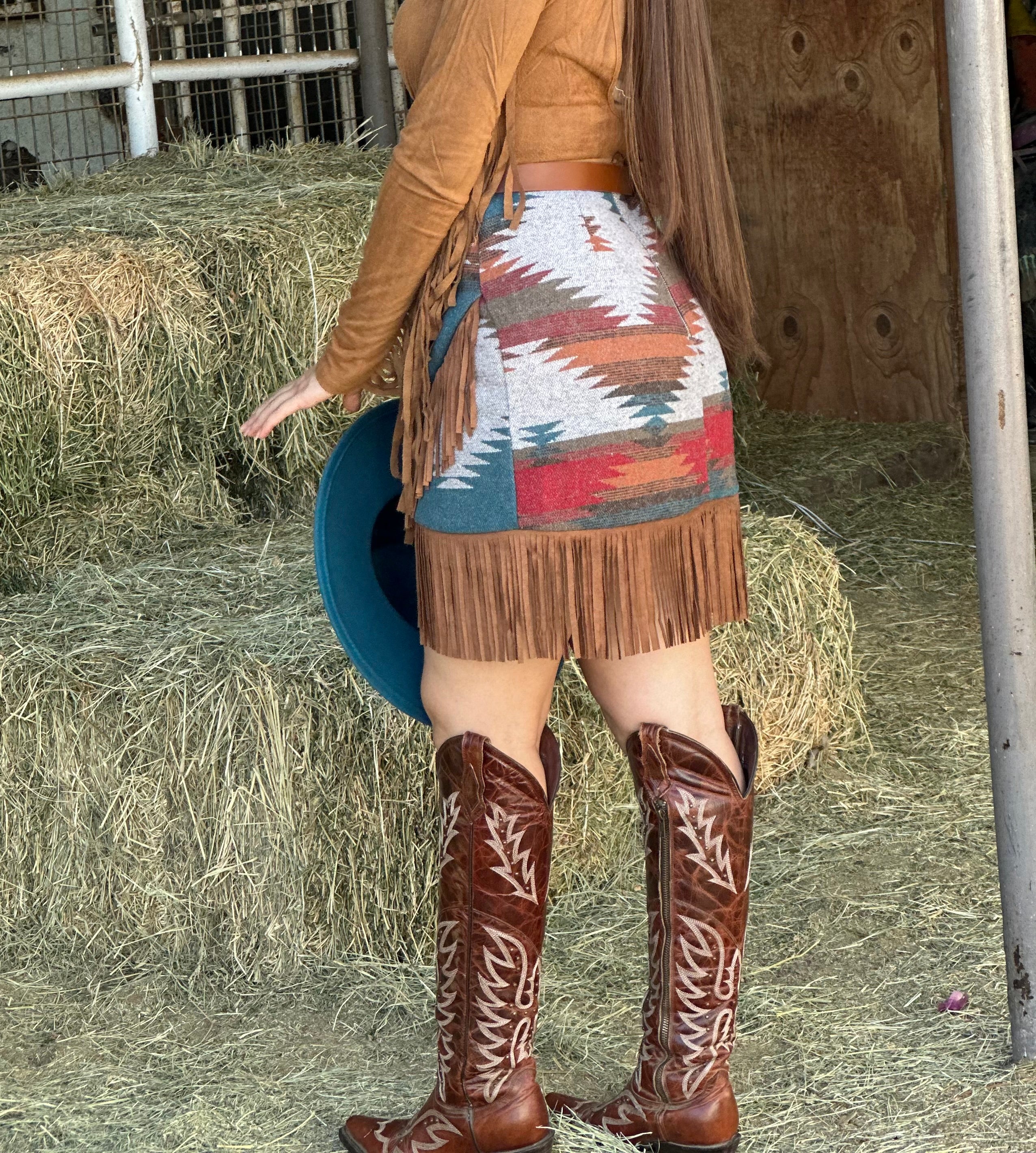 Serape Aztec Fringe Mini Skirt