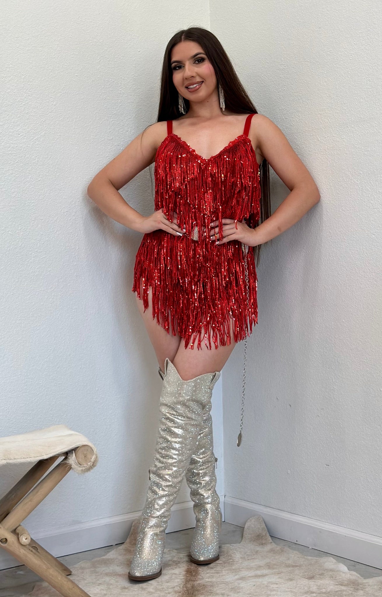 Taylor Sequin Fringe Mini Dress (Red)