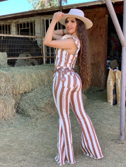 Vintage Striped Mid/High Rise Bell Bottom Jeans (Rust)