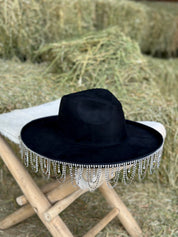 Giddy Up Glam Rhinestone Fringe Hat (Black) - Curved