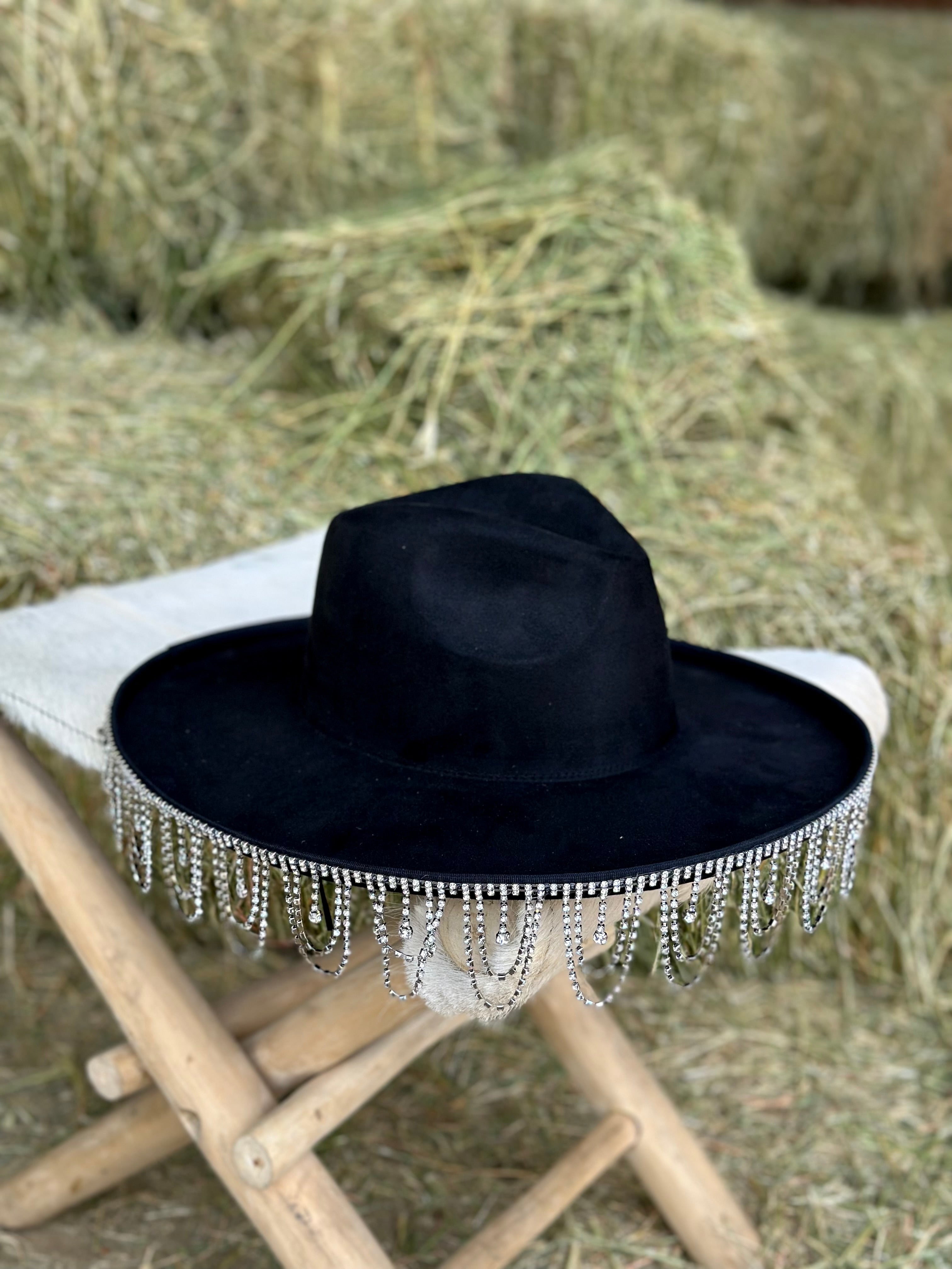 Giddy Up Glam Rhinestone Fringe Hat (Black) - Curved