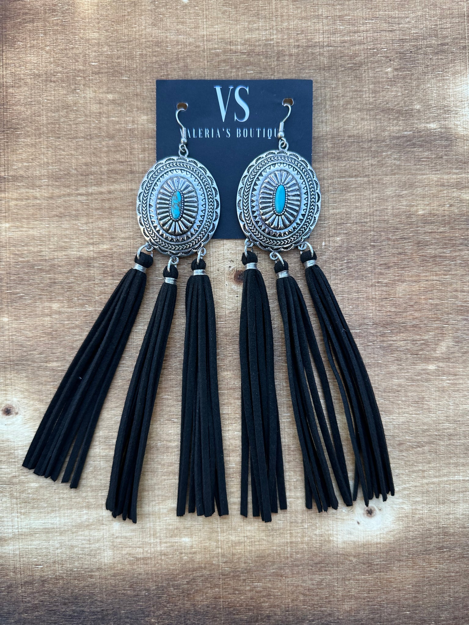 Long Black Fringe with Silver Concho Earrings