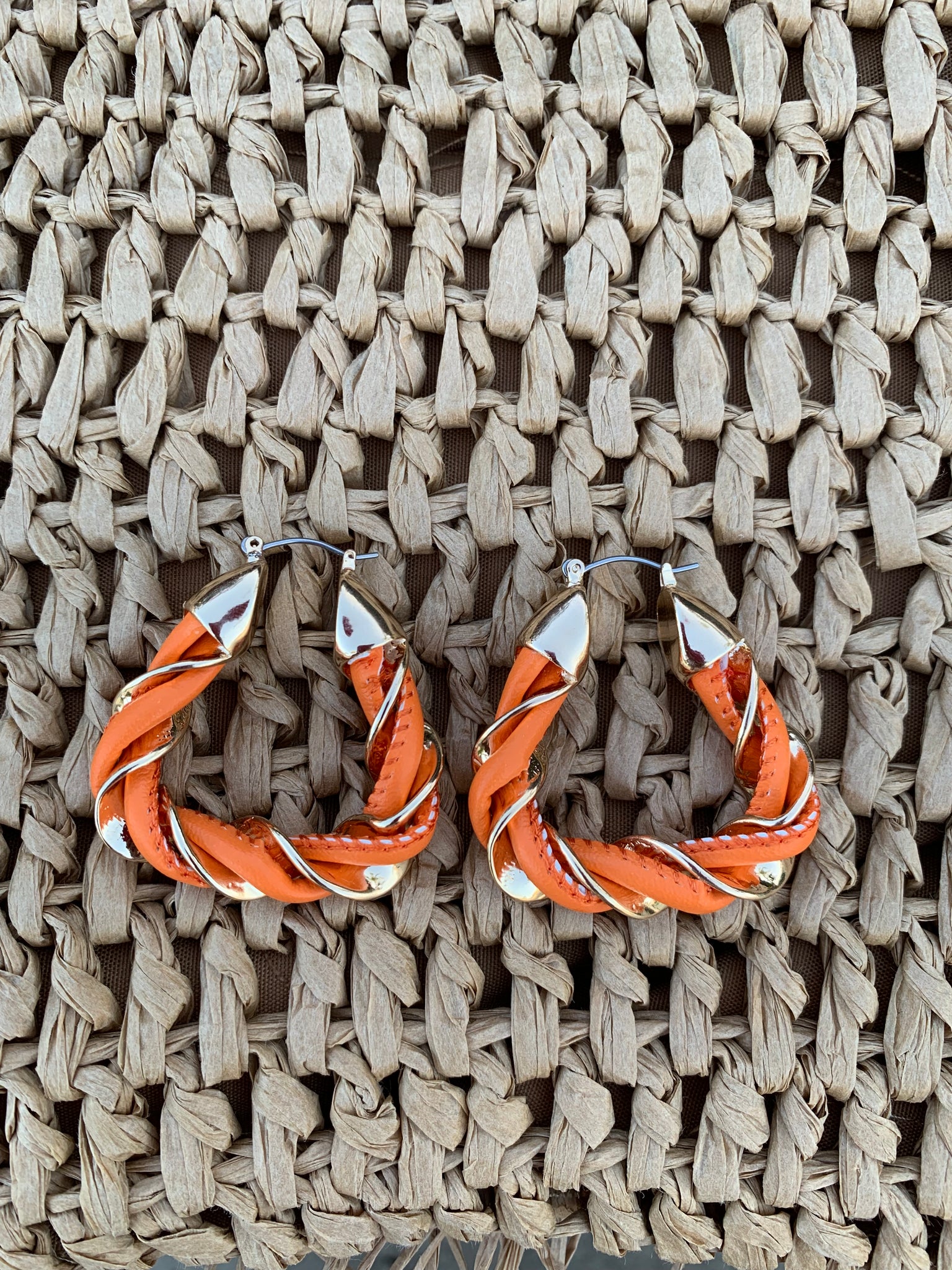 Orange & Gold Twisted Hoop Earrings