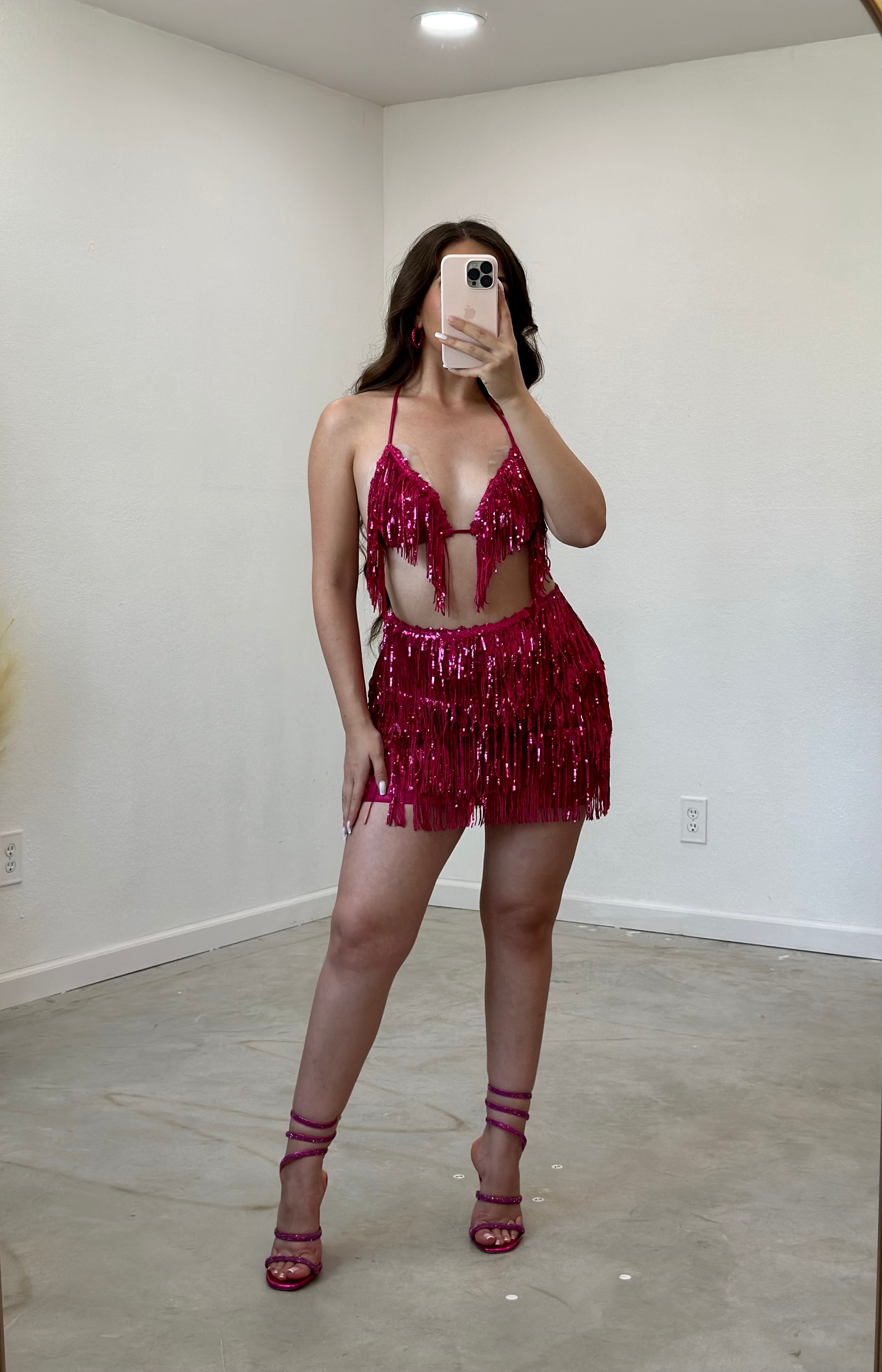 Bailar De Caballito Sequins Fringe Skirt Set (Hot Pink)