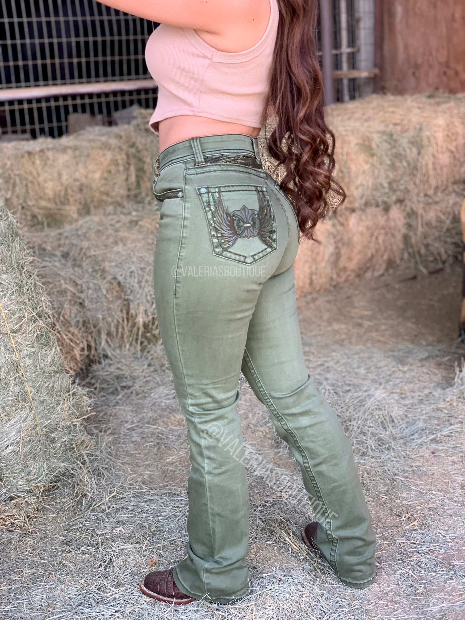 Olive Wings Mid Rise Embroidered Bootcut Jeans