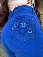 Royal Blue Floral Pocket Mid Rise Embroidered Bootcut Jeans