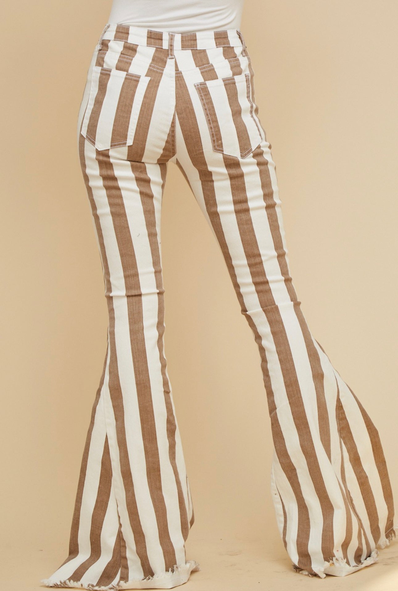 Vintage Striped Mid/High Rise Bell Bottom Jeans (Taupe)