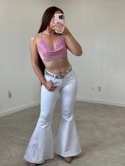 Bandida Rhinestone Low Rise Bell Bottoms Jeans (White)