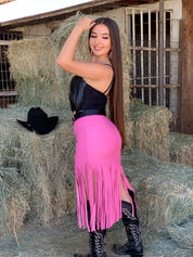 Joana Leather Fringe Midi Skirt (Pink)