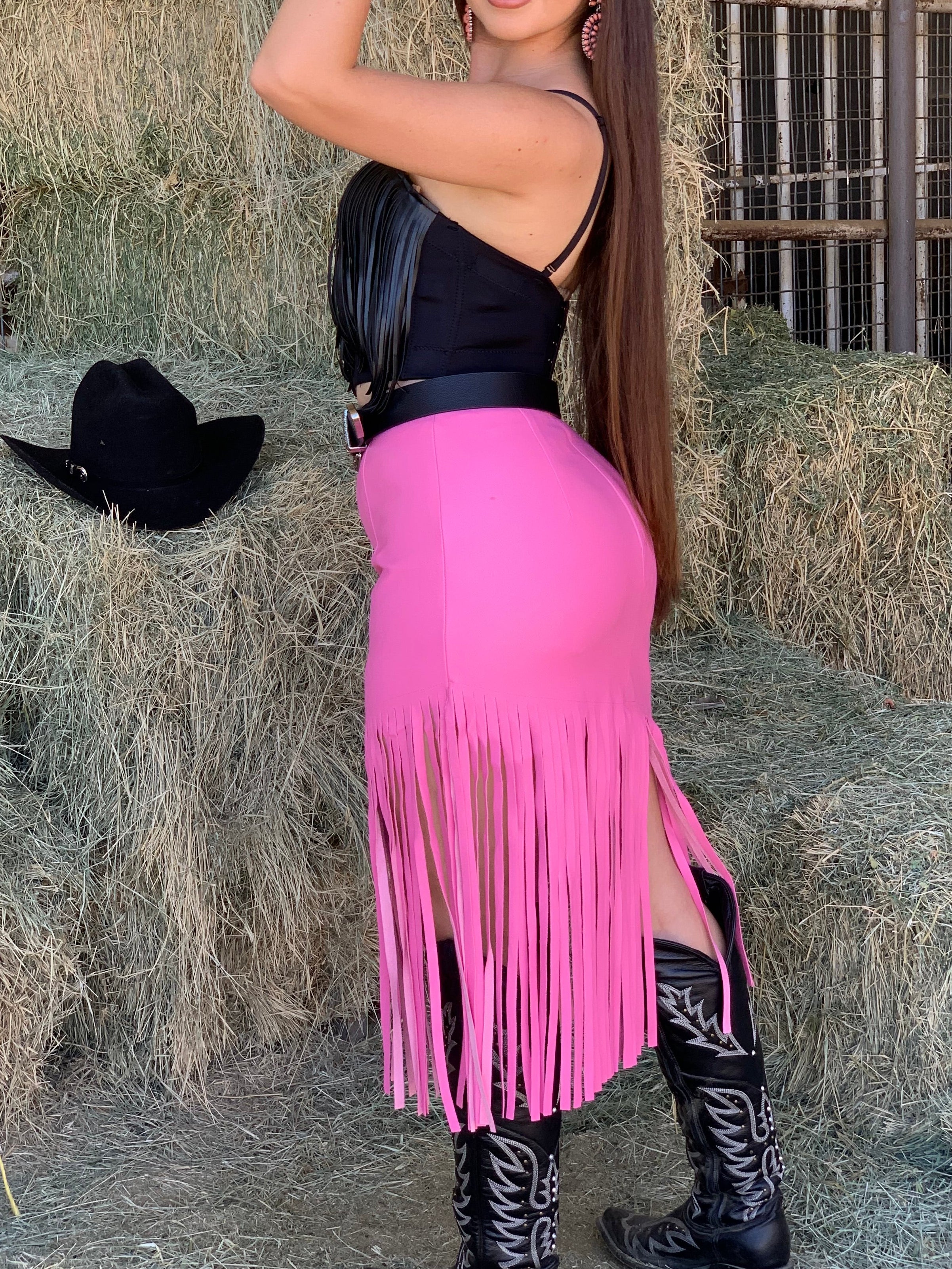 Joana Leather Fringe Midi Skirt (Pink)