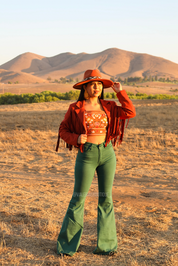 (Hunter Green) High Rise Flare Jeans - Long Length 34" Inseam