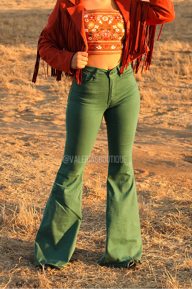 (Hunter Green) High Rise Flare Jeans - Long Length 34" Inseam